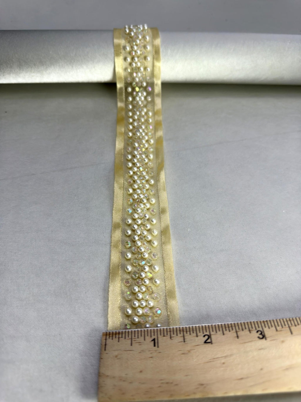 Pearl Beaded Trim – Ivory or Champagne Bridal Trim – Rhinestone Pearl Ribbon Trim – Self Adhesive or Sew On – Made in USA - Faraj Beading