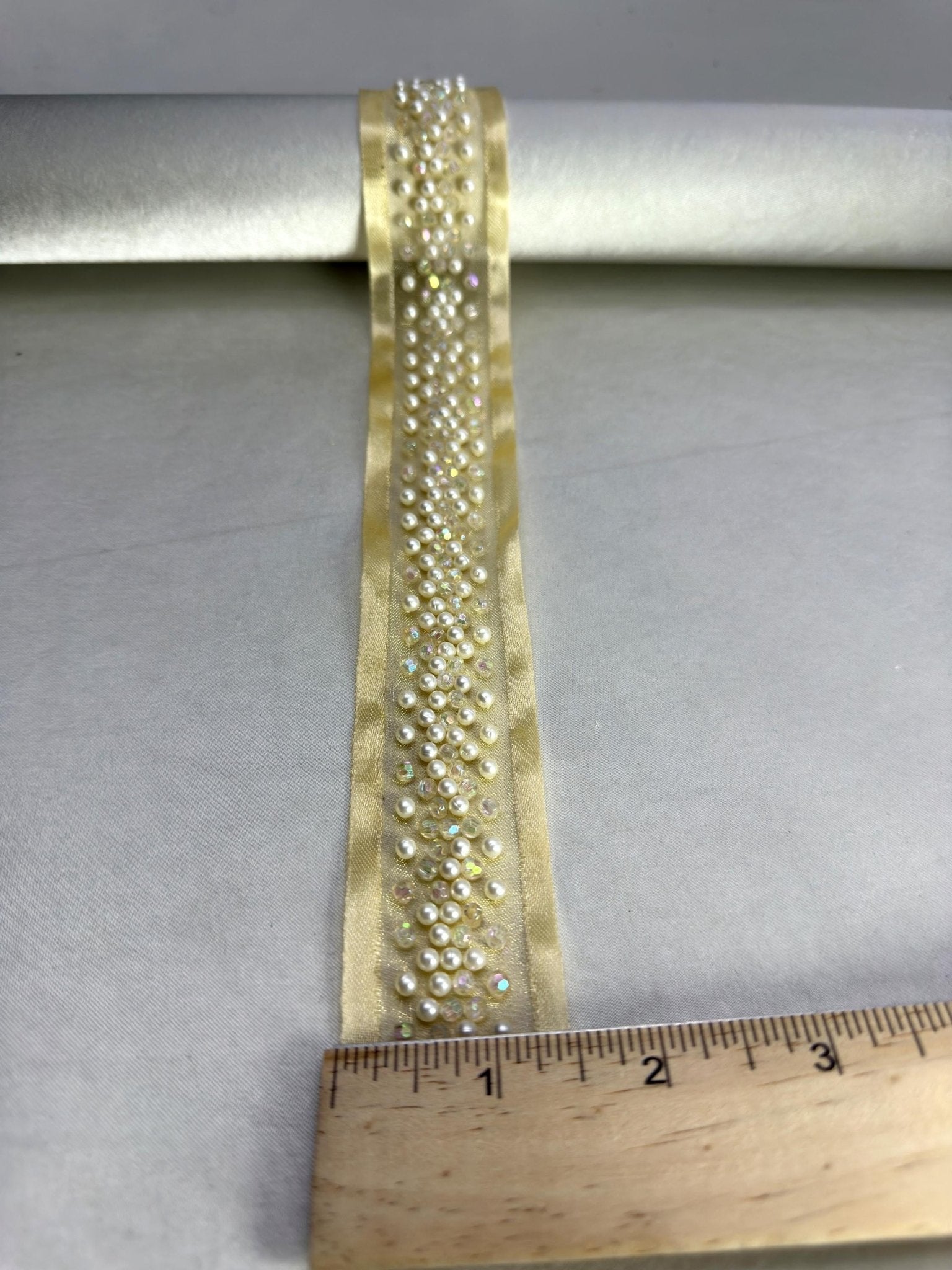 Pearl Beaded Trim – Ivory or Champagne Bridal Trim – Rhinestone Pearl Ribbon Trim – Self Adhesive or Sew On – Made in USA - Faraj Beading