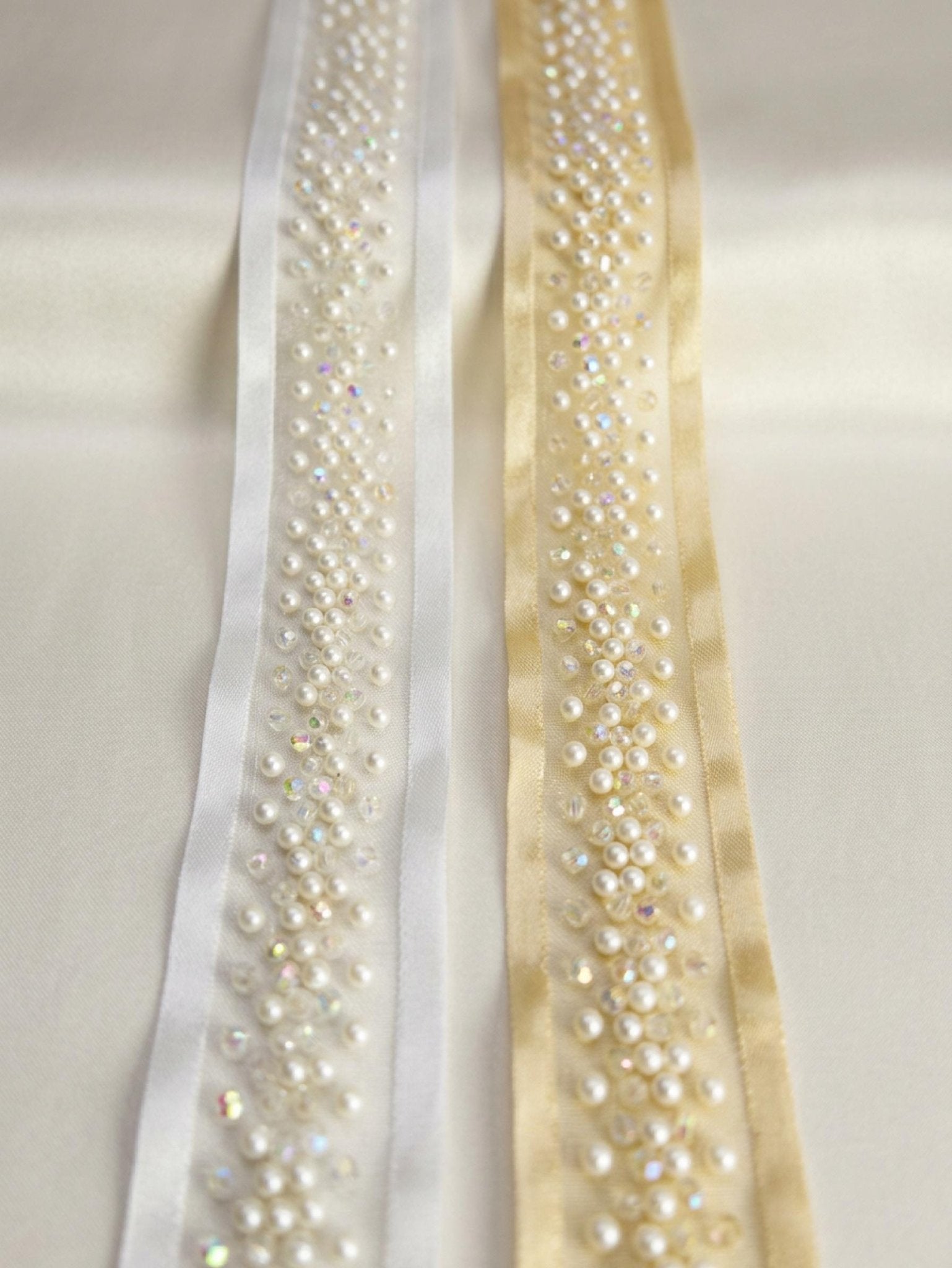 Pearl Beaded Trim – Ivory or Champagne Bridal Trim – Rhinestone Pearl Ribbon Trim – Self Adhesive or Sew On – Made in USA - Faraj Beading