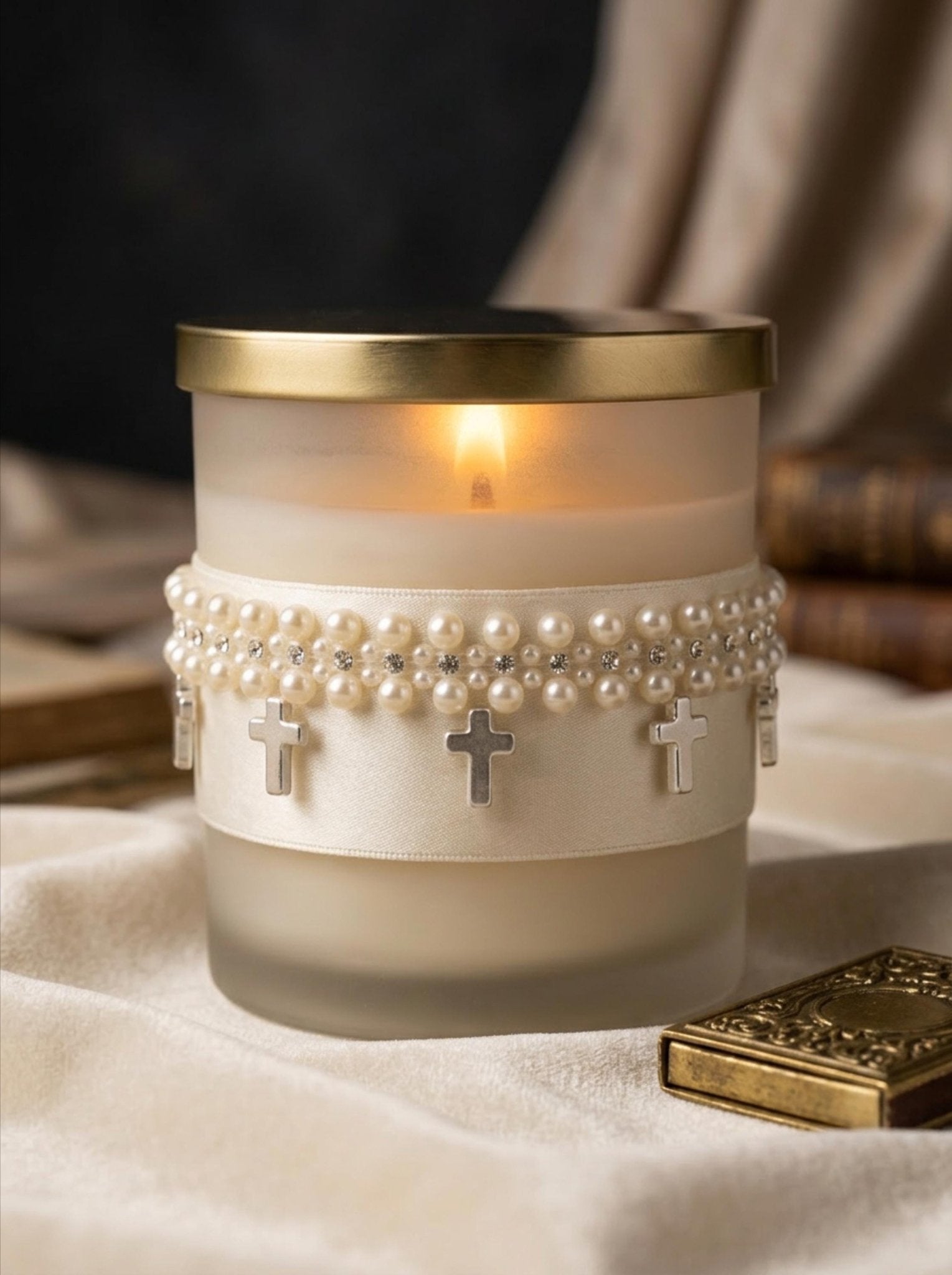 Pearl Cross Trim – Rhinestone & Faux Pearl Scalloped Lace Trim – Religious Bridal Appliqué – Self Adhesive or Sew On – Made in USA - Faraj Beading