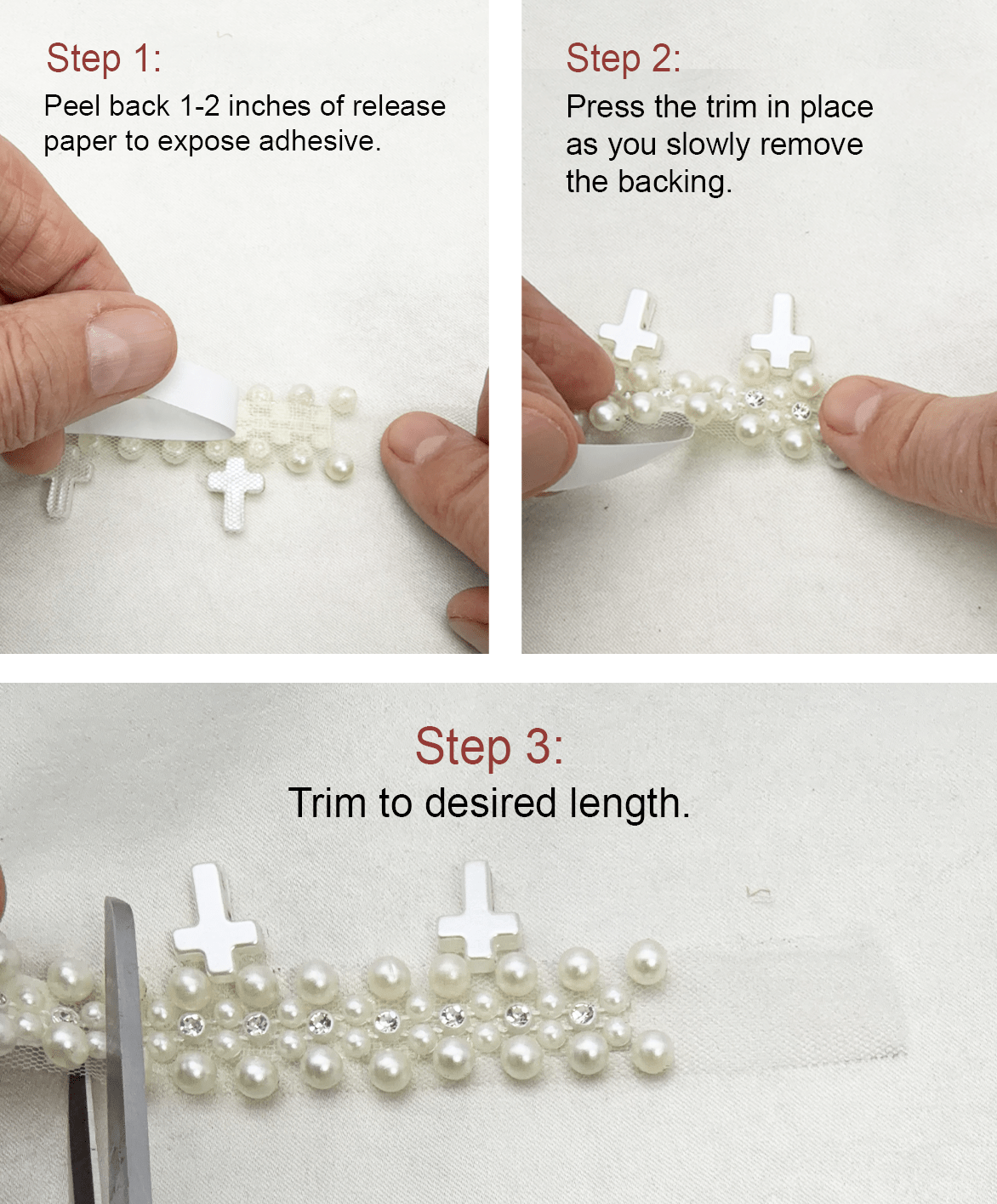 Pearl Cross Trim – Rhinestone & Faux Pearl Scalloped Lace Trim – Religious Bridal Appliqué – Self Adhesive or Sew On – Made in USA - Faraj Beading