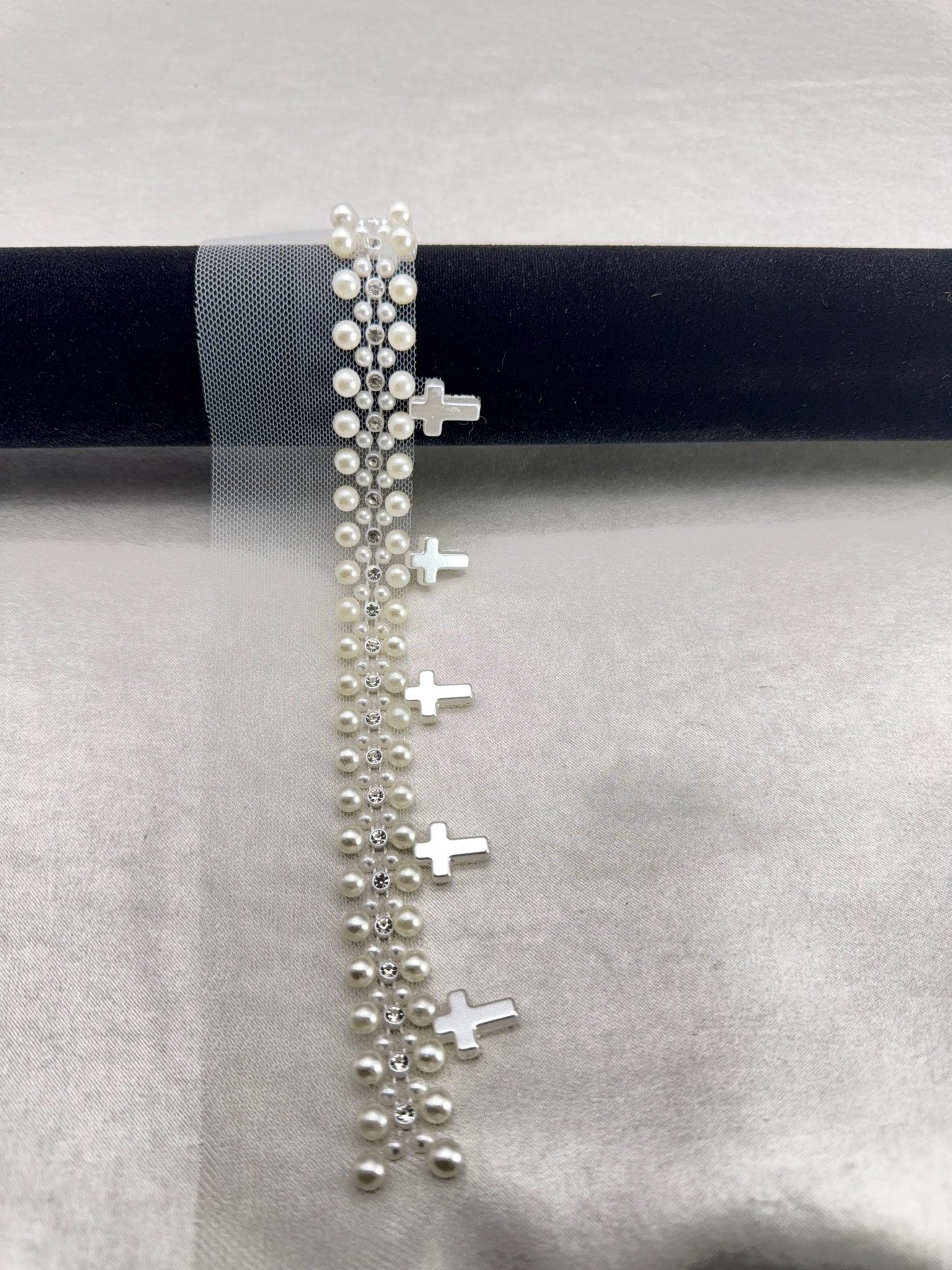 Pearl Cross Trim – Rhinestone & Faux Pearl Scalloped Lace Trim – Religious Bridal Appliqué – Self Adhesive or Sew On – Made in USA - Faraj Beading