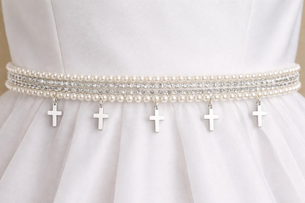 Pearl Cross Trim – Rhinestone & Faux Pearl Scalloped Lace Trim – Religious Bridal Appliqué – Self Adhesive or Sew On – Made in USA - Faraj Beading