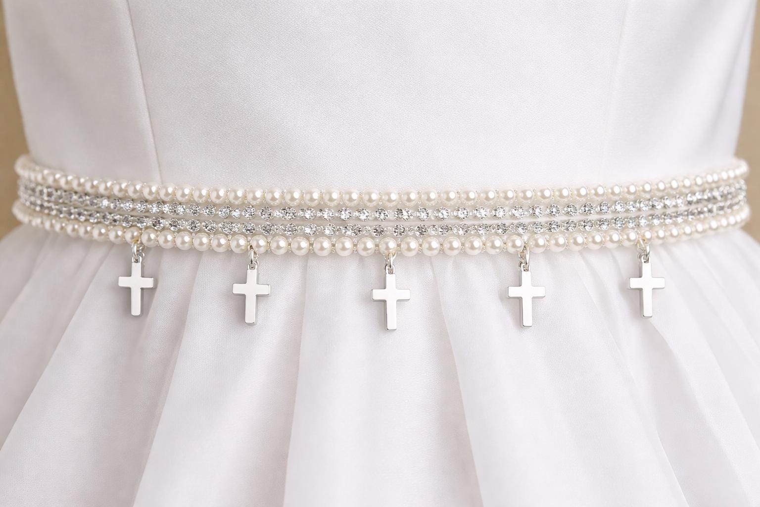 Pearl Cross Trim – Rhinestone & Faux Pearl Scalloped Lace Trim – Religious Bridal Appliqué – Self Adhesive or Sew On – Made in USA - Faraj Beading