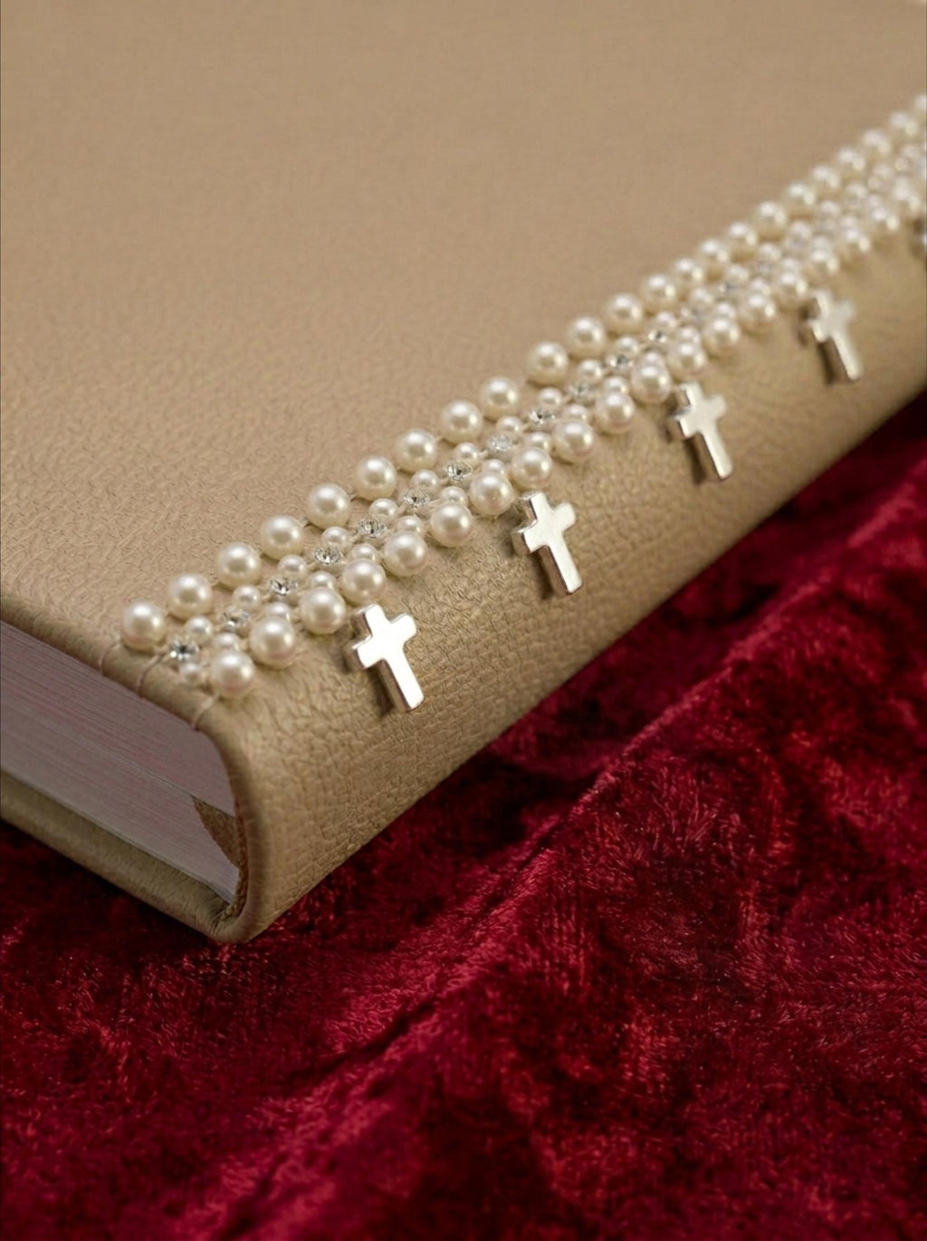 Pearl Cross Trim – Rhinestone & Faux Pearl Scalloped Lace Trim – Religious Bridal Appliqué – Self Adhesive or Sew On – Made in USA - Faraj Beading