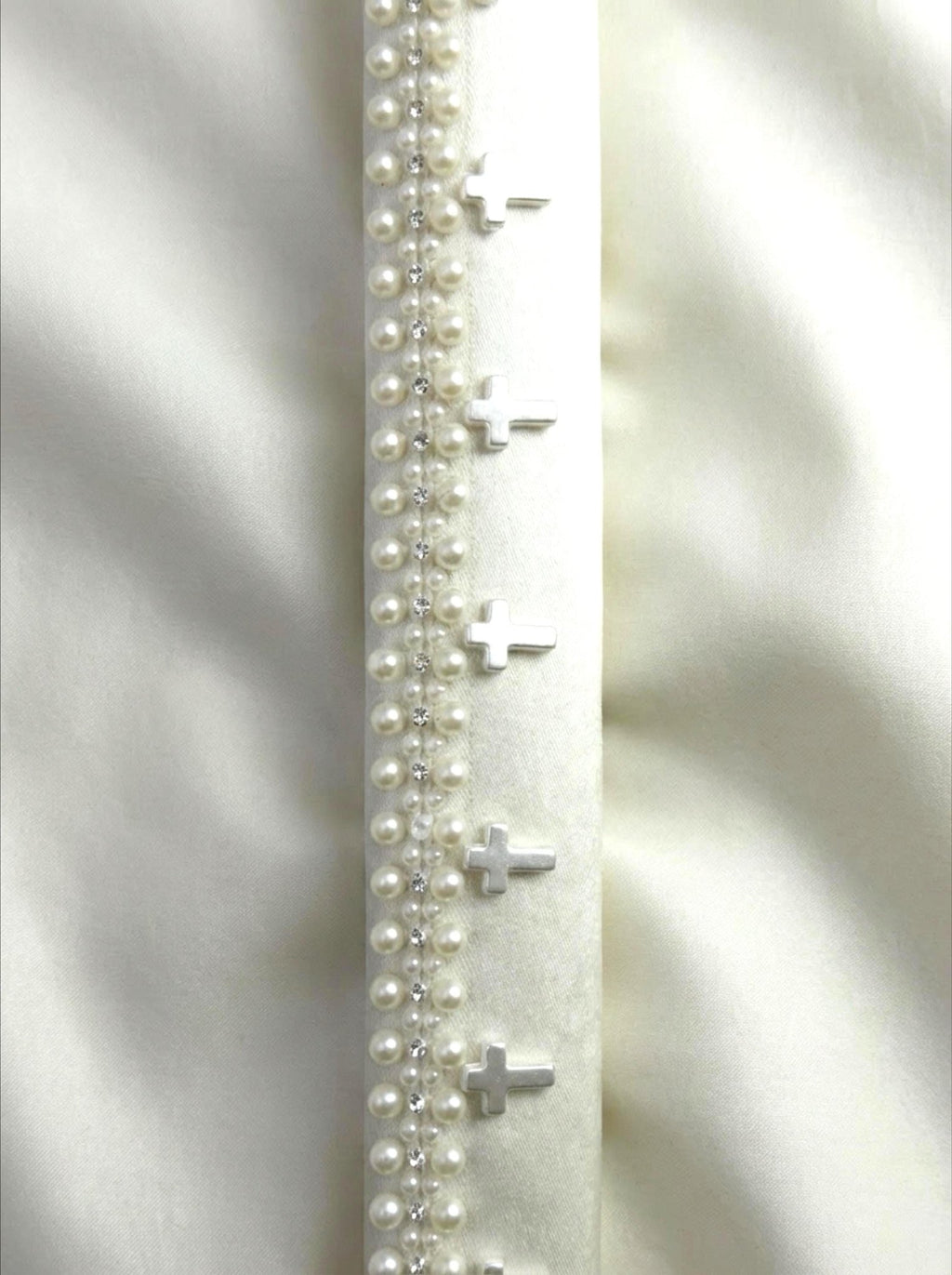 Pearl Cross Trim – Rhinestone & Faux Pearl Scalloped Lace Trim – Religious Bridal Appliqué – Self Adhesive or Sew On – Made in USA - Faraj Beading