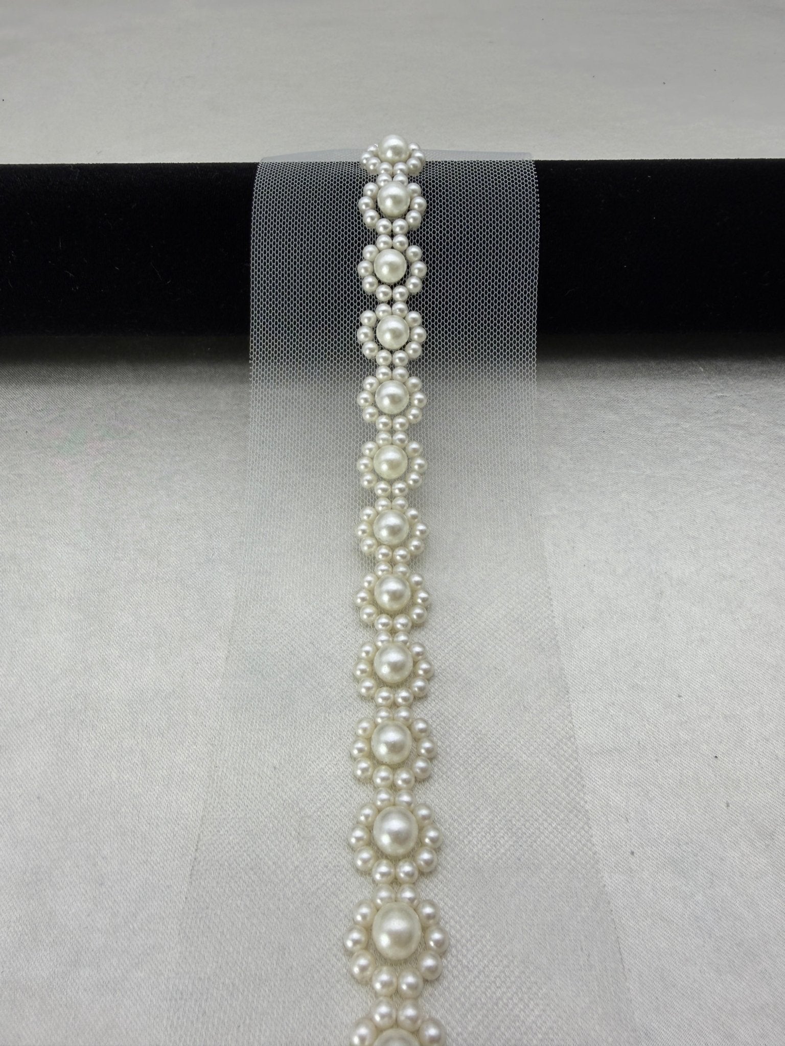 Pearl Flower Trim, Self Adhesive or Sew - On Bridal Trim, Ivory Beaded Floral Trim, Wedding accessories trim, Pearl Appliqué by the Yard - Faraj Beading