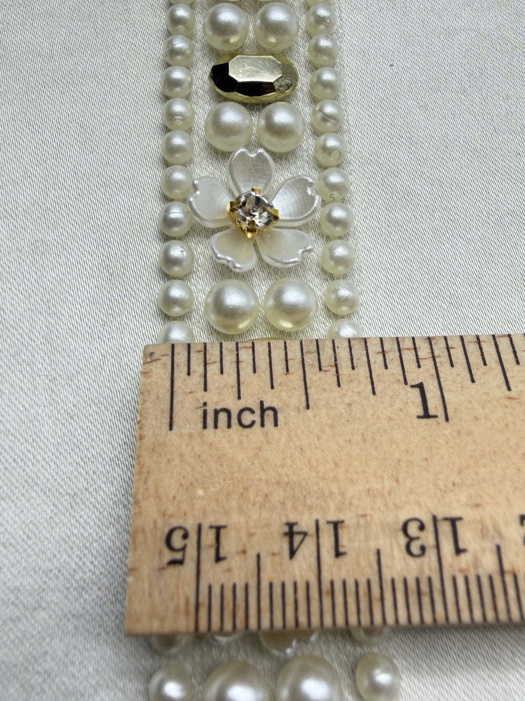 Pearl & Gold Rhinestone Floral Trim – Self Adhesive or Sew - On Seam Allowance – Luxury Bridal Beaded Trim for Dress, Veil, Collar - Faraj Beading