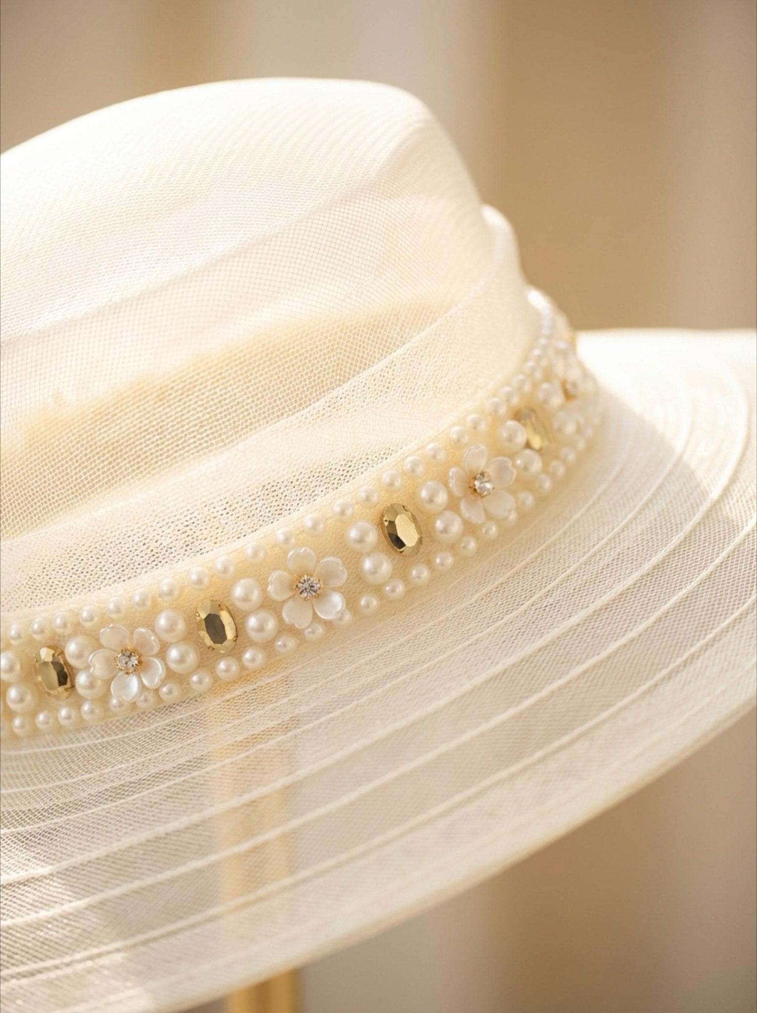 Pearl & Gold Rhinestone Floral Trim – Self Adhesive or Sew - On Seam Allowance – Luxury Bridal Beaded Trim for Dress, Veil, Collar - Faraj Beading