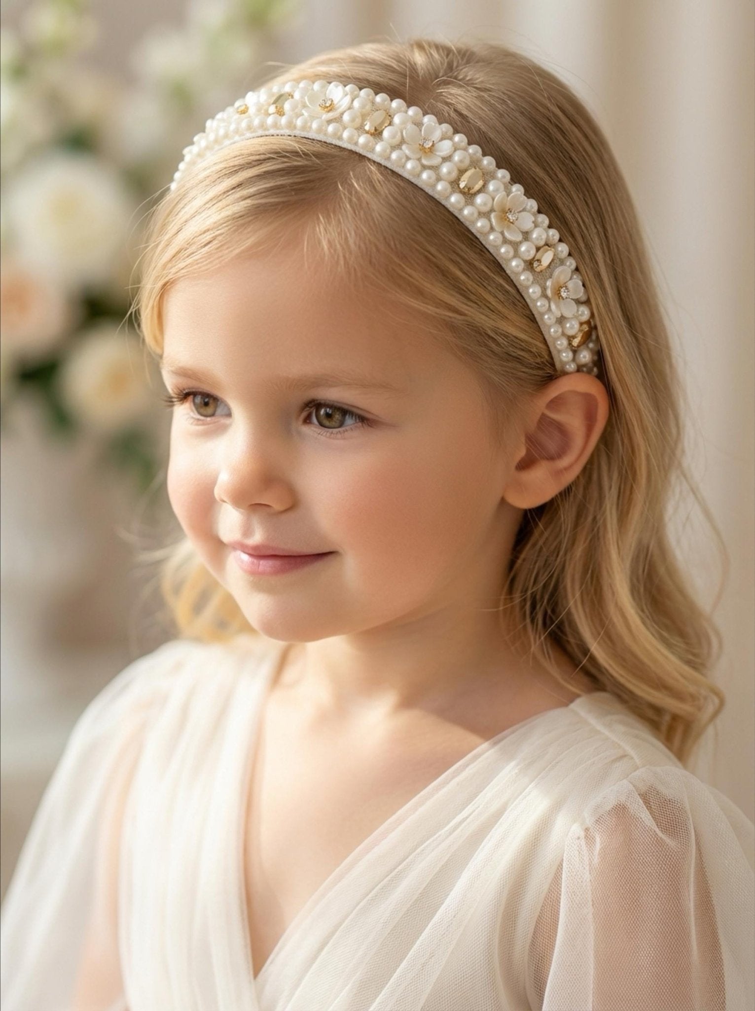 Pearl & Gold Rhinestone Floral Trim – Self Adhesive or Sew - On Seam Allowance – Luxury Bridal Beaded Trim for Dress, Veil, Collar - Faraj Beading