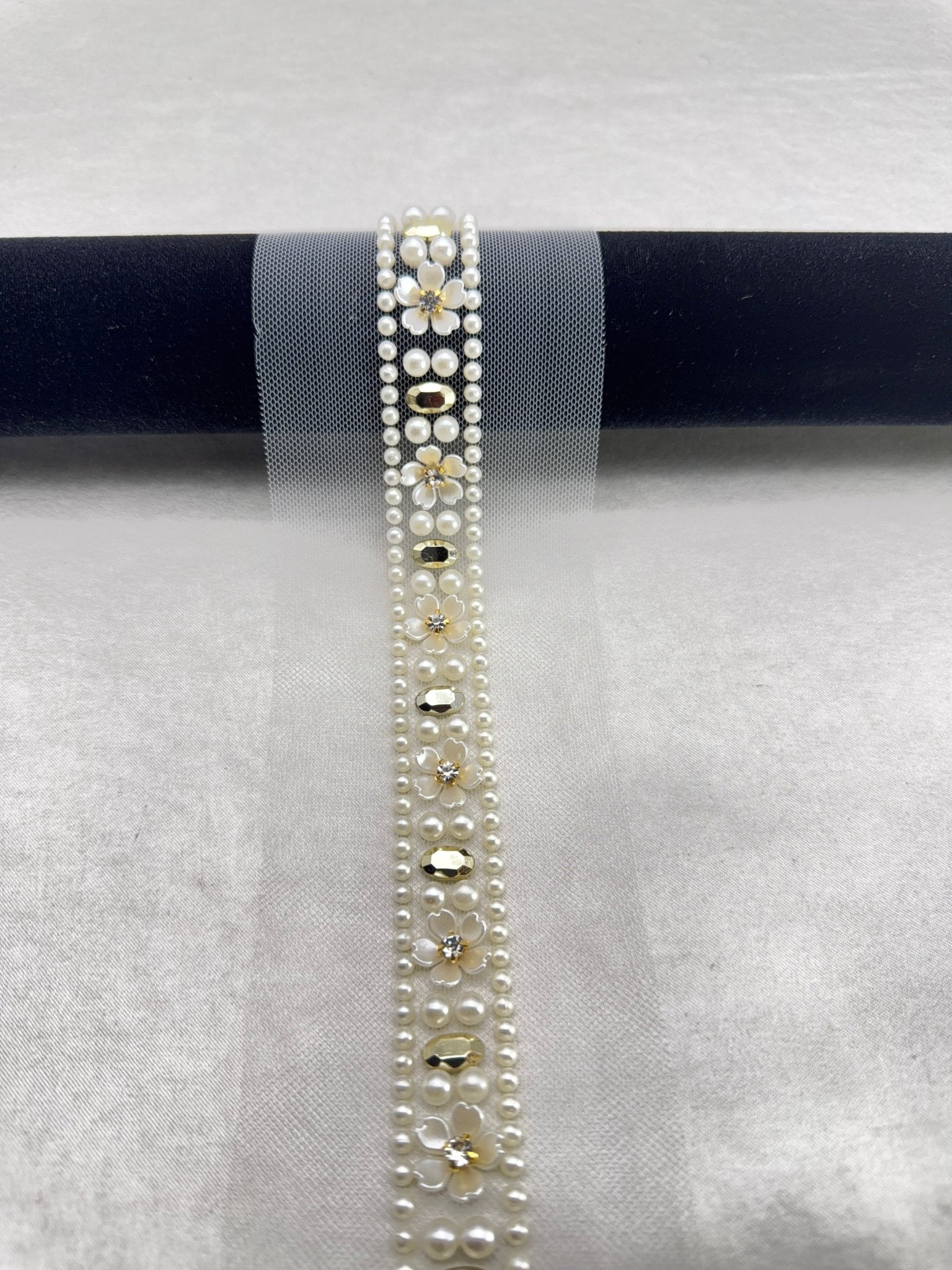 Pearl & Gold Rhinestone Floral Trim – Self Adhesive or Sew - On Seam Allowance – Luxury Bridal Beaded Trim for Dress, Veil, Collar - Faraj Beading