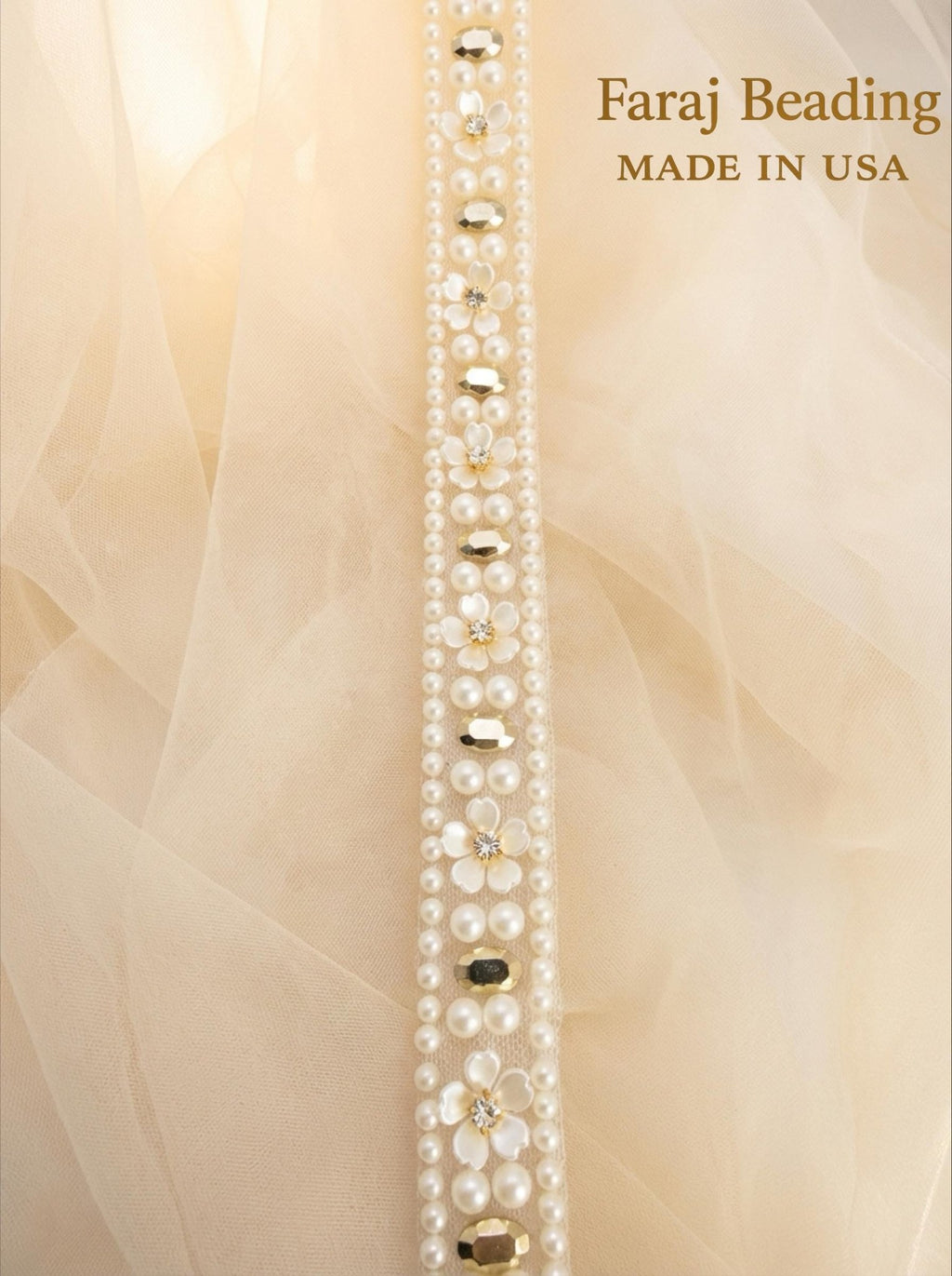 Pearl & Gold Rhinestone Floral Trim – Self Adhesive or Sew - On Seam Allowance – Luxury Bridal Beaded Trim for Dress, Veil, Collar - Faraj Beading