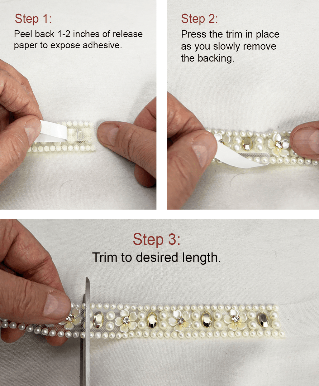 Pearl & Gold Rhinestone Floral Trim – Self Adhesive or Sew - On Seam Allowance – Luxury Bridal Beaded Trim for Dress, Veil, Collar - Faraj Beading