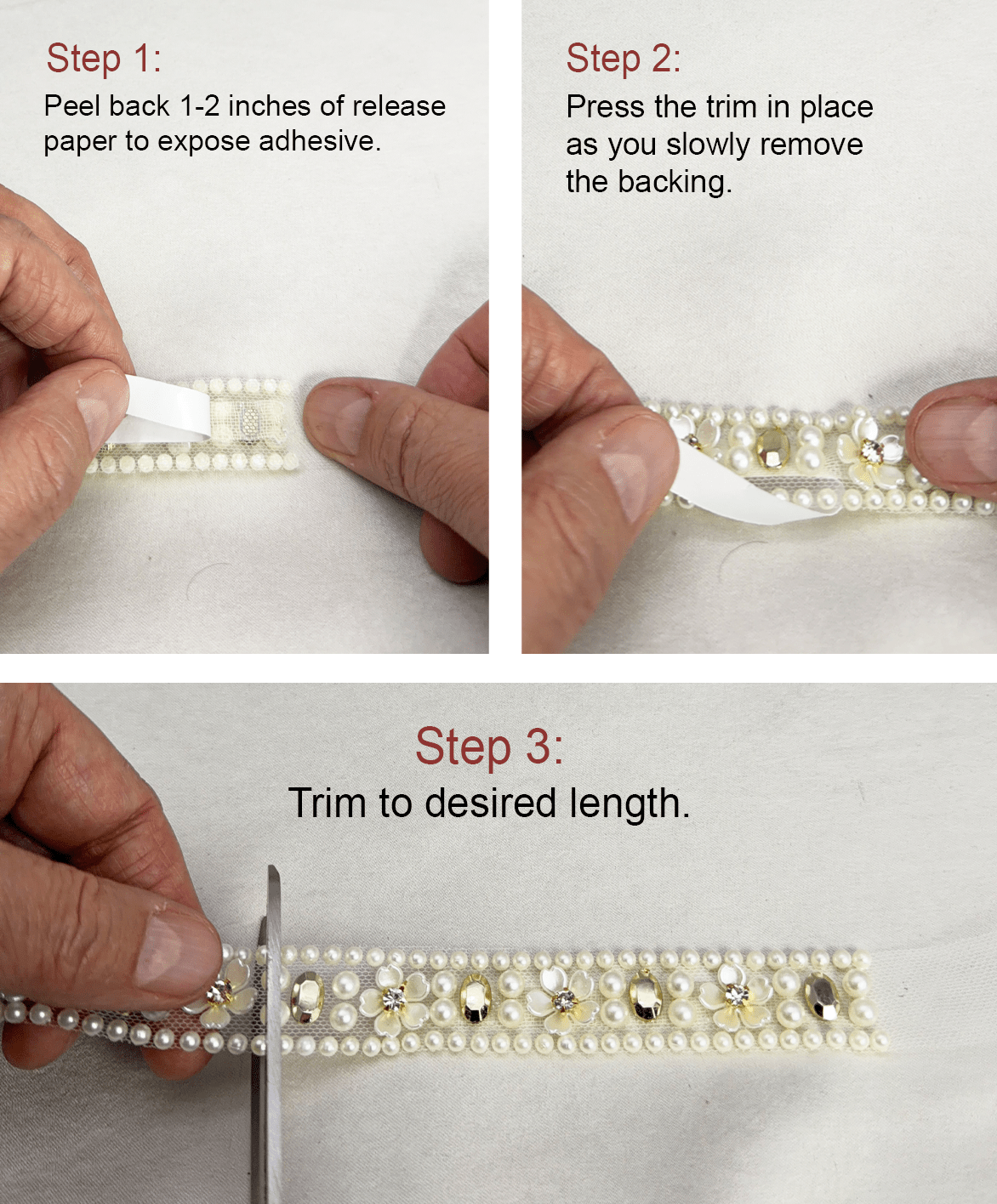 Pearl & Gold Rhinestone Floral Trim – Self Adhesive or Sew - On Seam Allowance – Luxury Bridal Beaded Trim for Dress, Veil, Collar - Faraj Beading