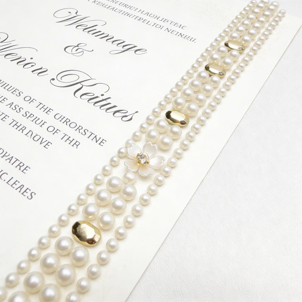 Pearl & Gold Rhinestone Floral Trim – Self Adhesive or Sew - On Seam Allowance – Luxury Bridal Beaded Trim for Dress, Veil, Collar - Faraj Beading