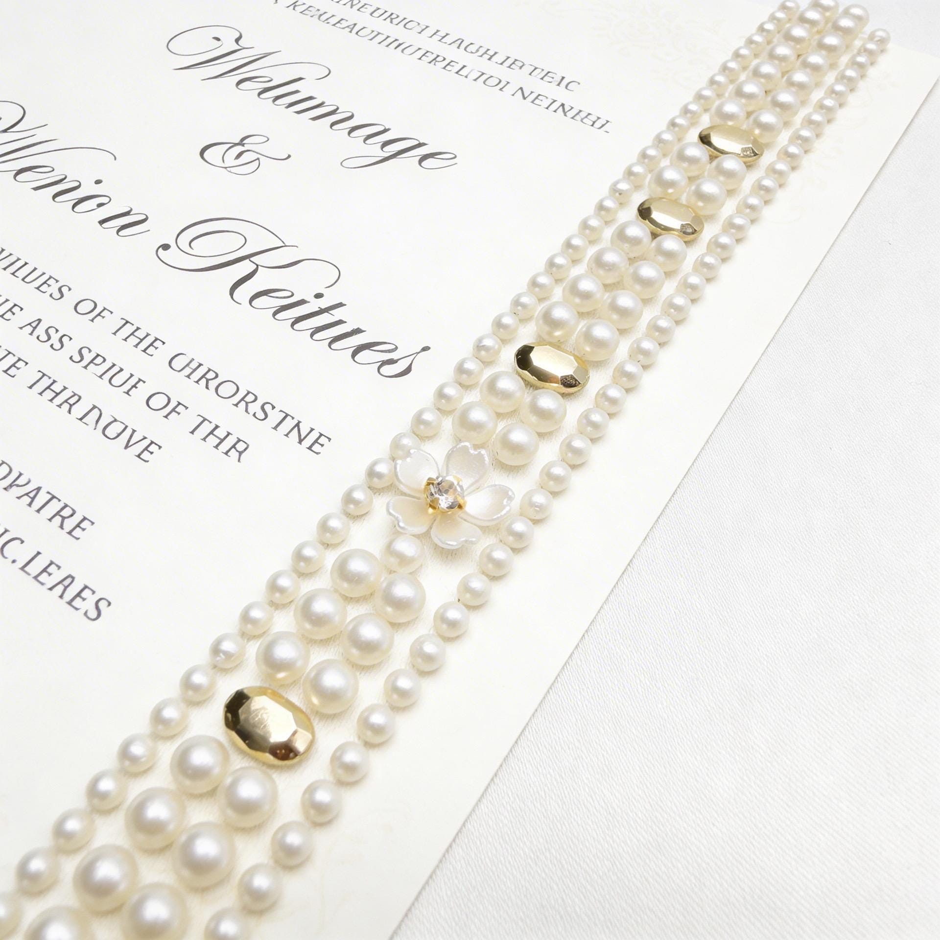 Pearl & Gold Rhinestone Floral Trim – Self Adhesive or Sew - On Seam Allowance – Luxury Bridal Beaded Trim for Dress, Veil, Collar - Faraj Beading
