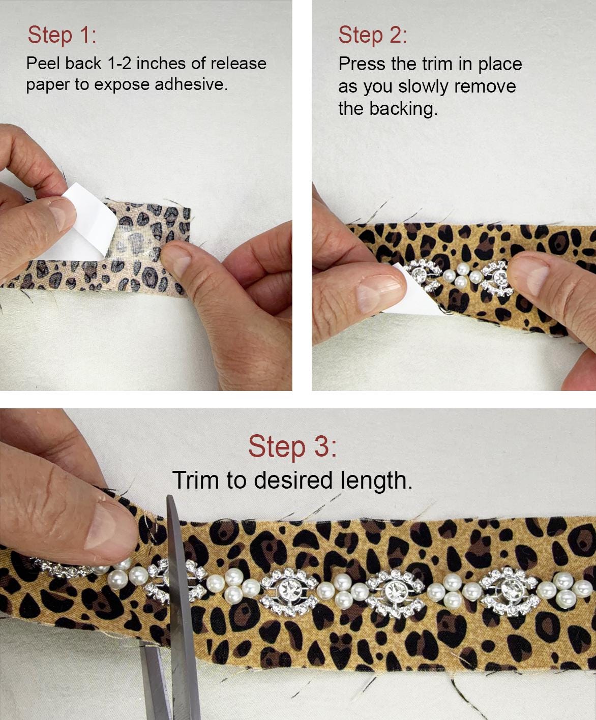 Pearl Rhinestone Trim – Leopard Print Beaded Trim, Sew On or Self Adhesive Trim, DIY Embellishment, Made in USA - Faraj Beading