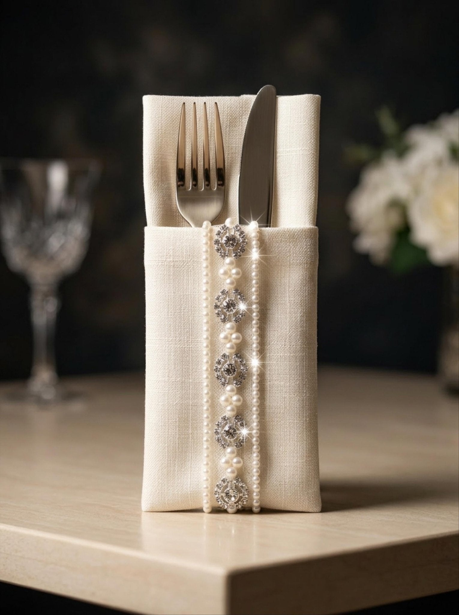 Pearl Rhinestone Trim – Pearl Trim, Bridal Wedding Trim, Crystal Embellishment, Self Adhesive or Sew On, 1” Seam Allowance Option - Faraj Beading