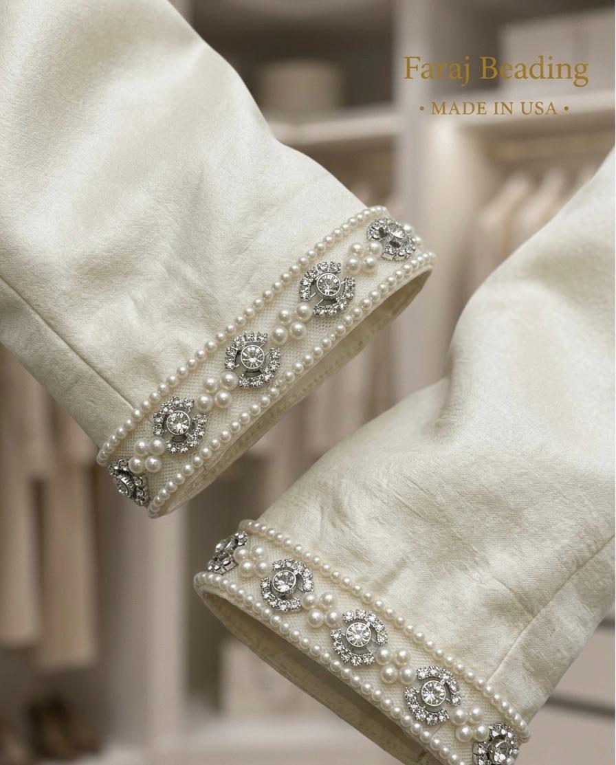 Pearl Rhinestone Trim – Pearl Trim, Bridal Wedding Trim, Crystal Embellishment, Self Adhesive or Sew On, 1” Seam Allowance Option - Faraj Beading