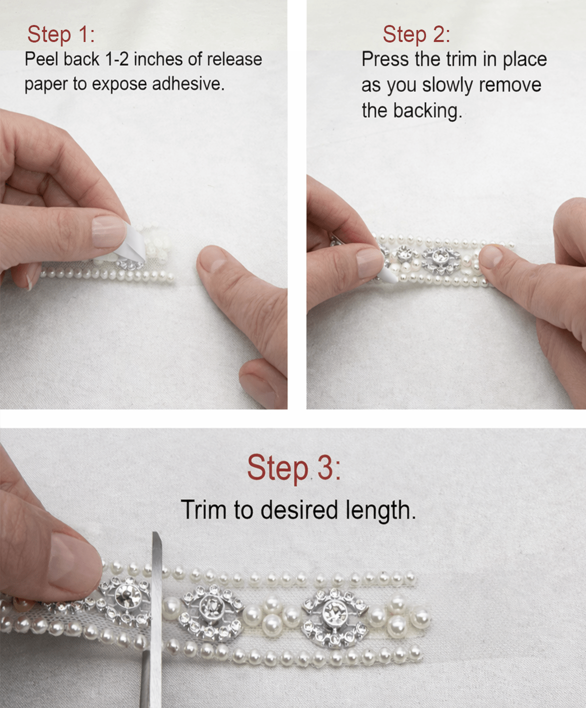 Pearl Rhinestone Trim – Pearl Trim, Bridal Wedding Trim, Crystal Embellishment, Self Adhesive or Sew On, 1” Seam Allowance Option - Faraj Beading