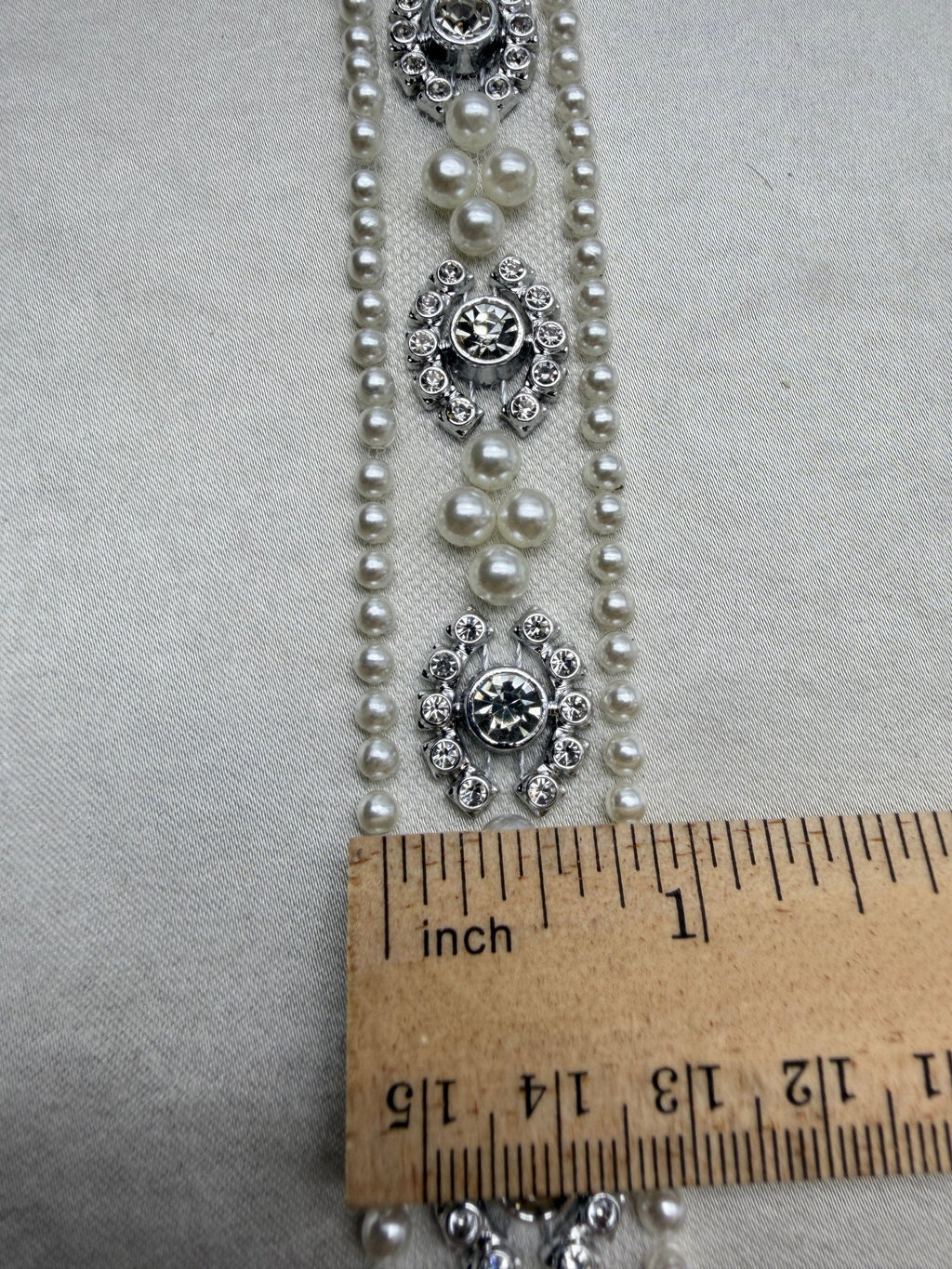 Pearl Rhinestone Trim – Pearl Trim, Bridal Wedding Trim, Crystal Embellishment, Self Adhesive or Sew On, 1” Seam Allowance Option - Faraj Beading