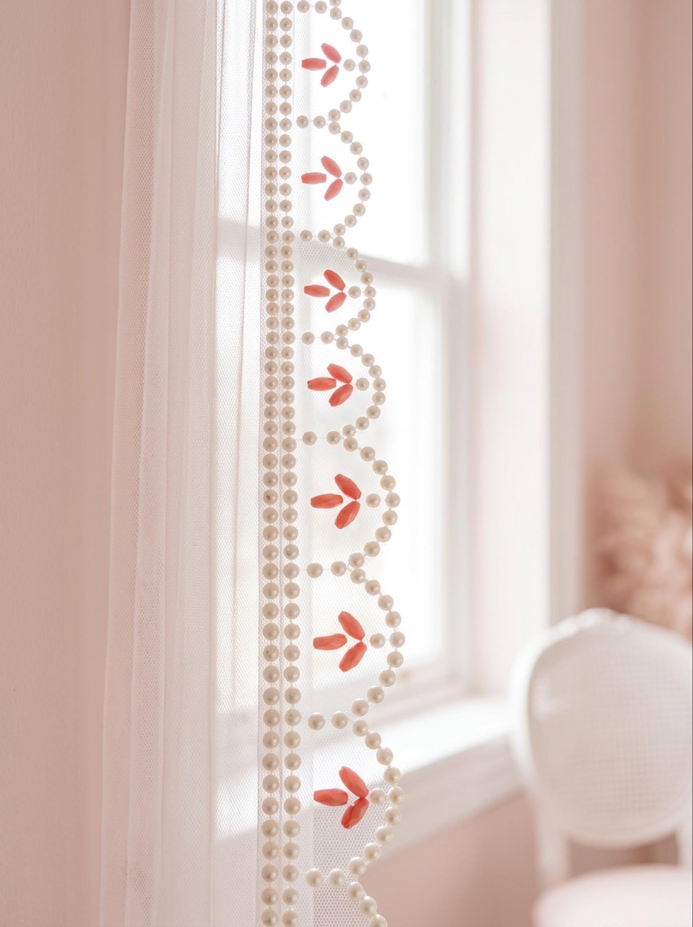 Pearl Scalloped Trim with Coral Beaded Accents - Self Adhesive - Faraj Beading