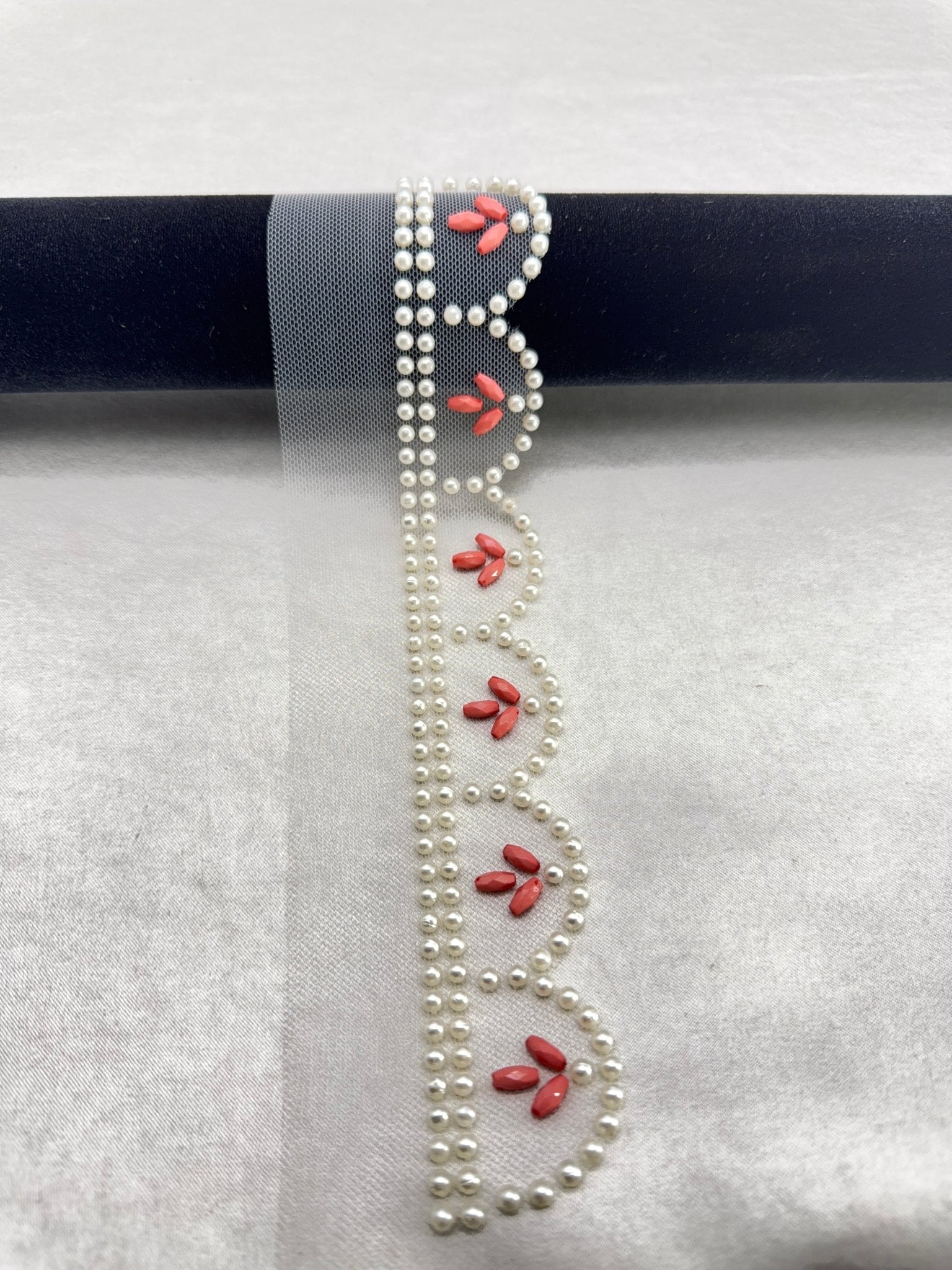 Pearl Scalloped Trim with Coral Beaded Accents - Self Adhesive - Faraj Beading