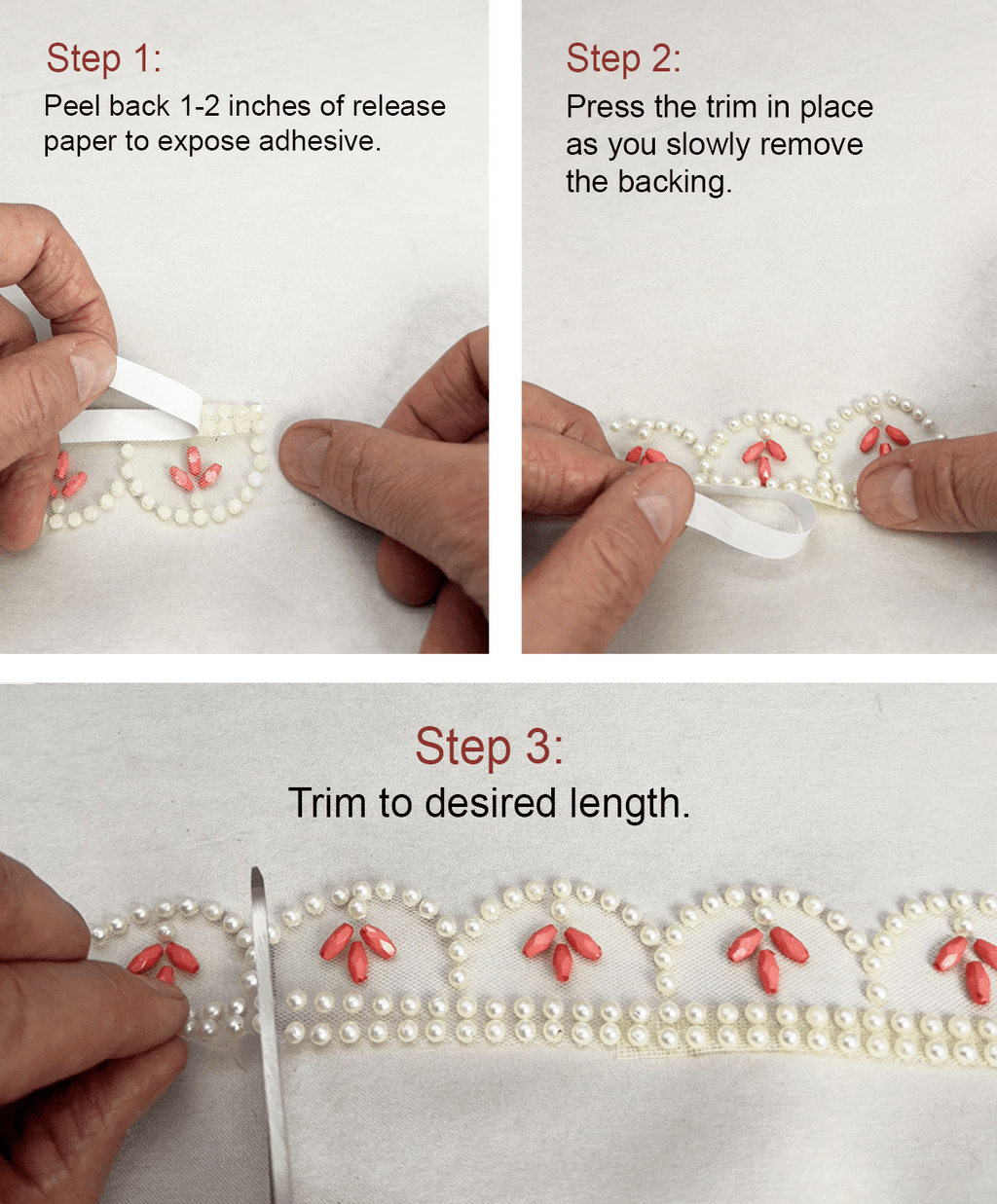 Pearl Scalloped Trim with Coral Beaded Accents - Self Adhesive - Faraj Beading