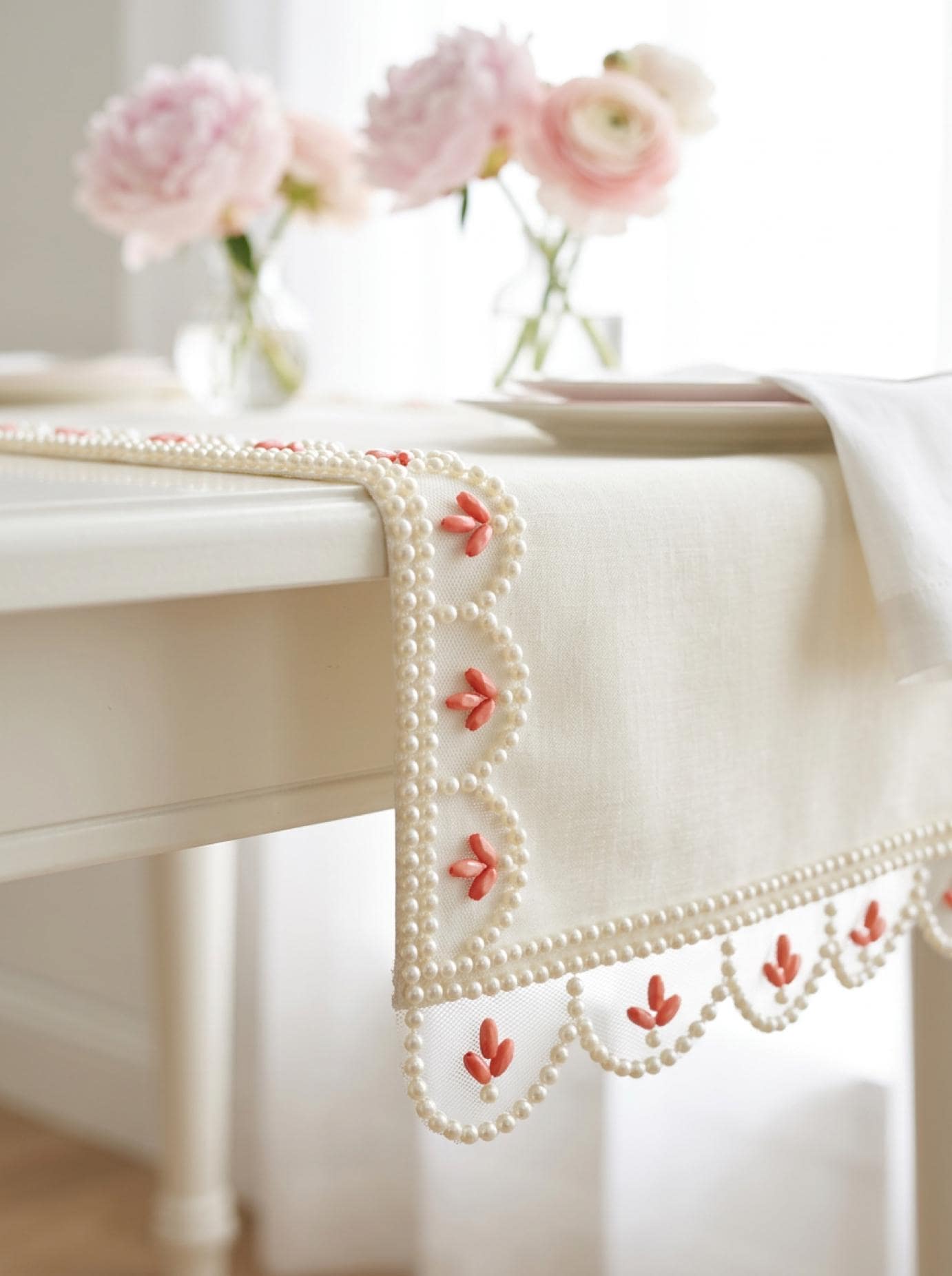 Pearl Scalloped Trim with Coral Beaded Accents - Self Adhesive - Faraj Beading