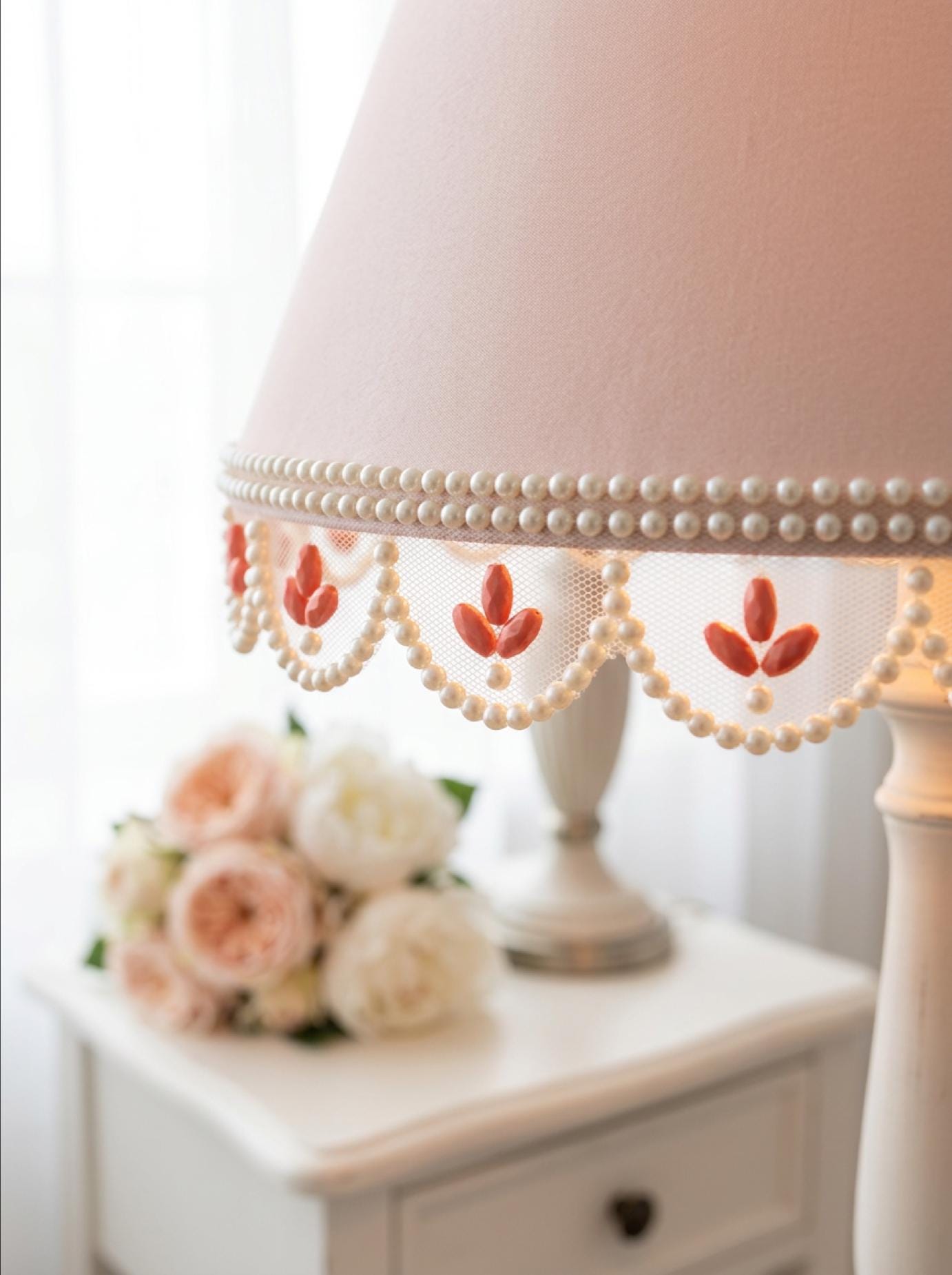 Pearl Scalloped Trim with Coral Beaded Accents - Self Adhesive - Faraj Beading