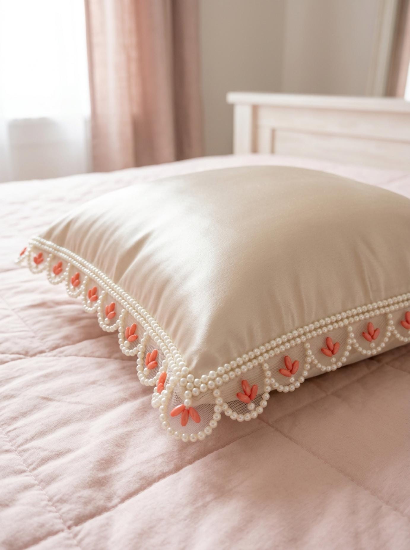 Pearl Scalloped Trim with Coral Beaded Accents - Self Adhesive - Faraj Beading