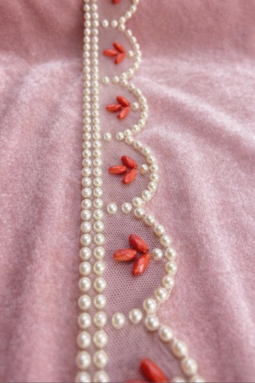 Pearl Scalloped Trim with Coral Beaded Accents - Self Adhesive - Faraj Beading