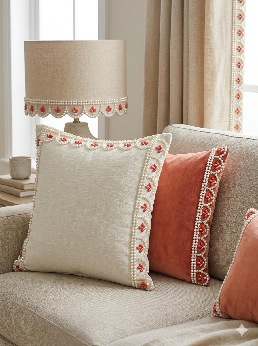 Pearl Scalloped Trim with Coral Beaded Accents - Self Adhesive - Faraj Beading