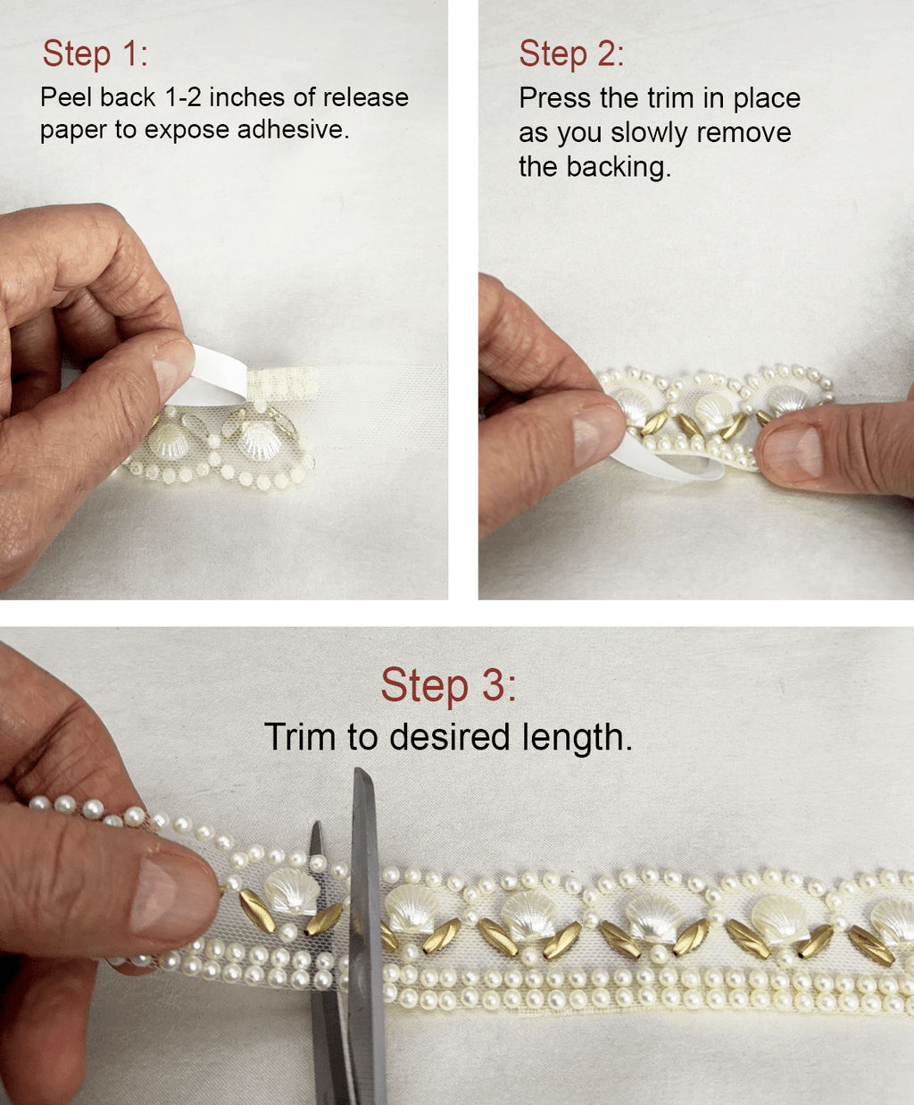 Pearls and Gold Beaded Trim with Seashell Nautical Accents and Scallop Border Self Adhesive - Made in USA by Faraj Beading - Faraj Beading
