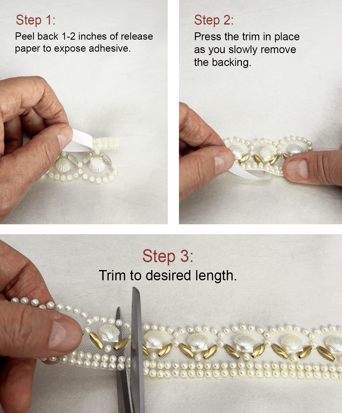 Pearls and Gold Beaded Trim with Seashell Nautical Accents and Scallop Border Self Adhesive - Made in USA by Faraj Beading - Faraj Beading