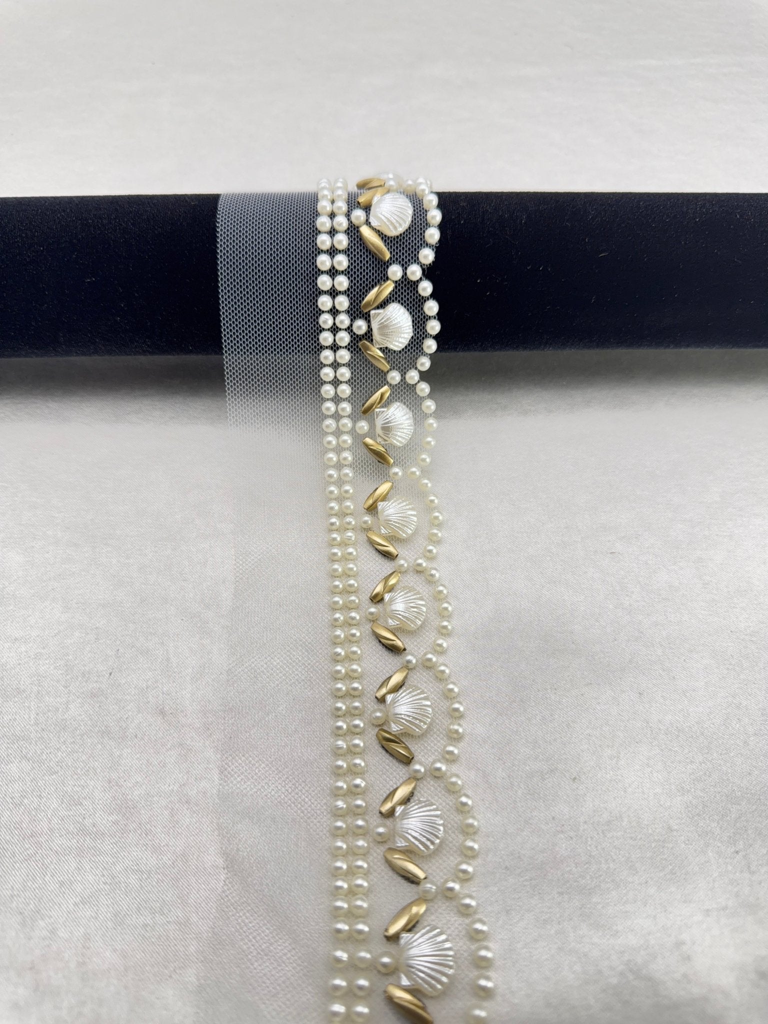 Pearls and Gold Beaded Trim with Seashell Nautical Accents and Scallop Border Self Adhesive - Made in USA by Faraj Beading - Faraj Beading