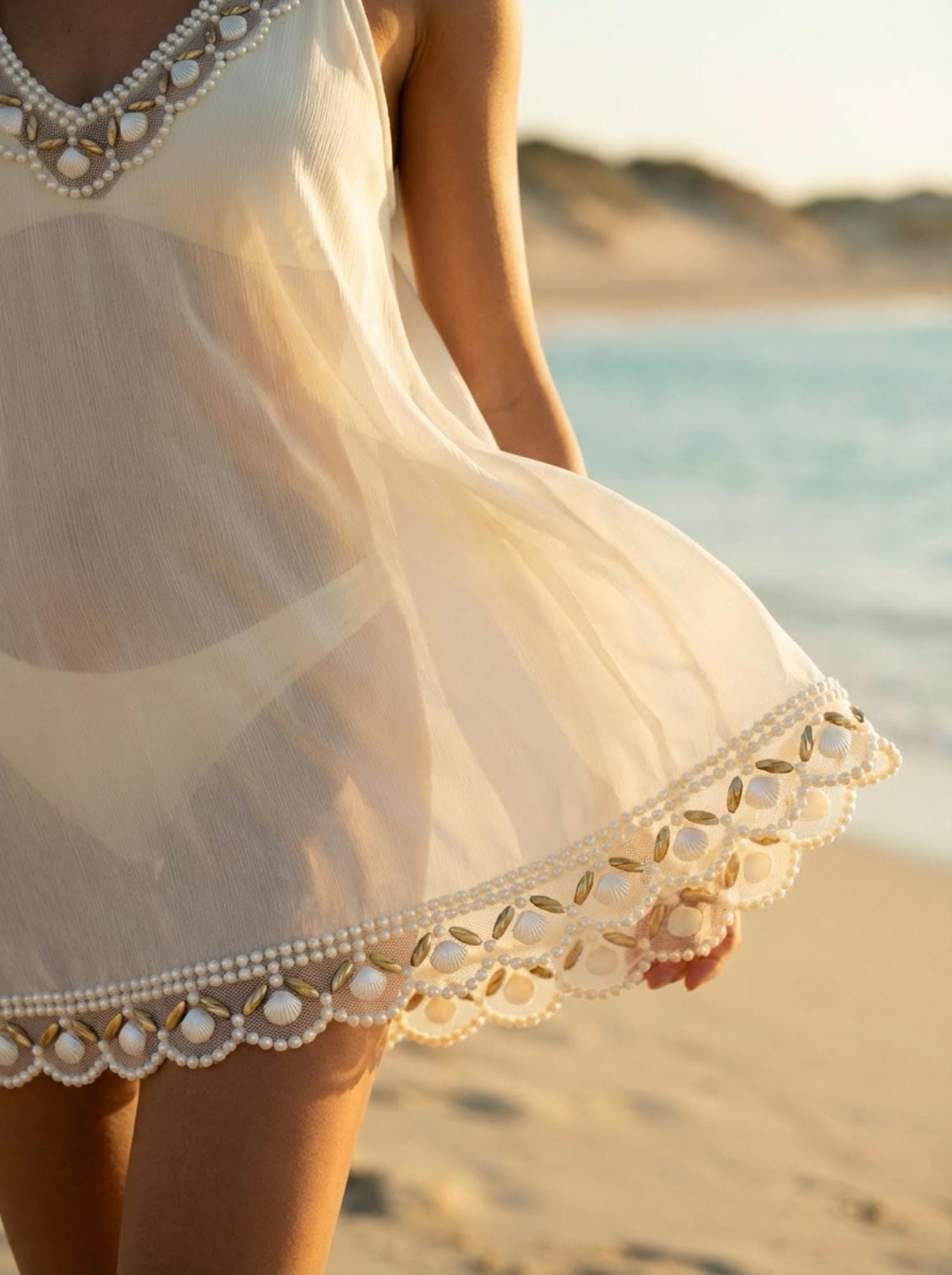 Pearls and Gold Beaded Trim with Seashell Nautical Accents and Scallop Border Self Adhesive - Made in USA by Faraj Beading - Faraj Beading