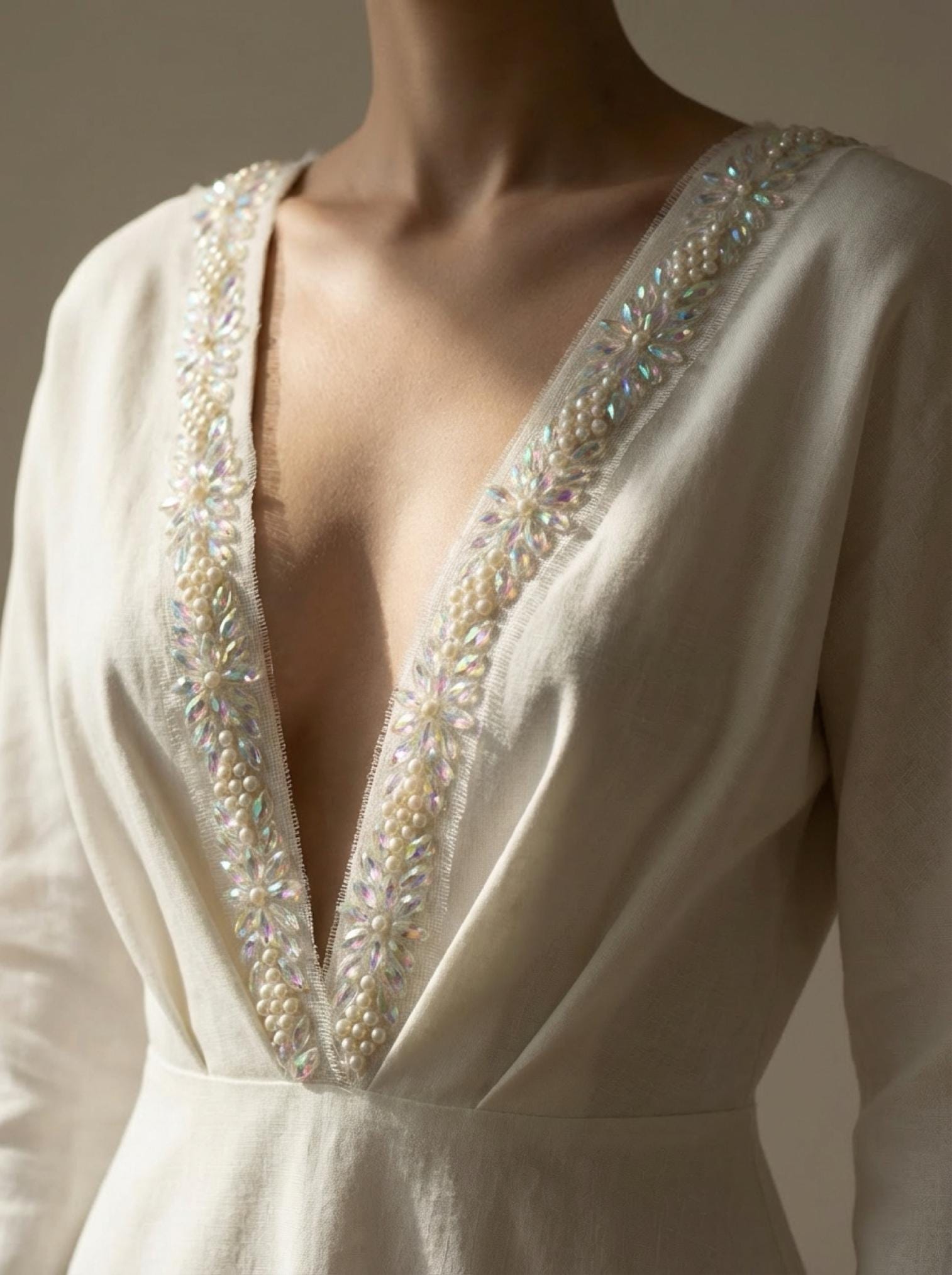 Pearls and Iridescent Crystal Beaded Lace Trim on light gauze fabric - Faraj Beading