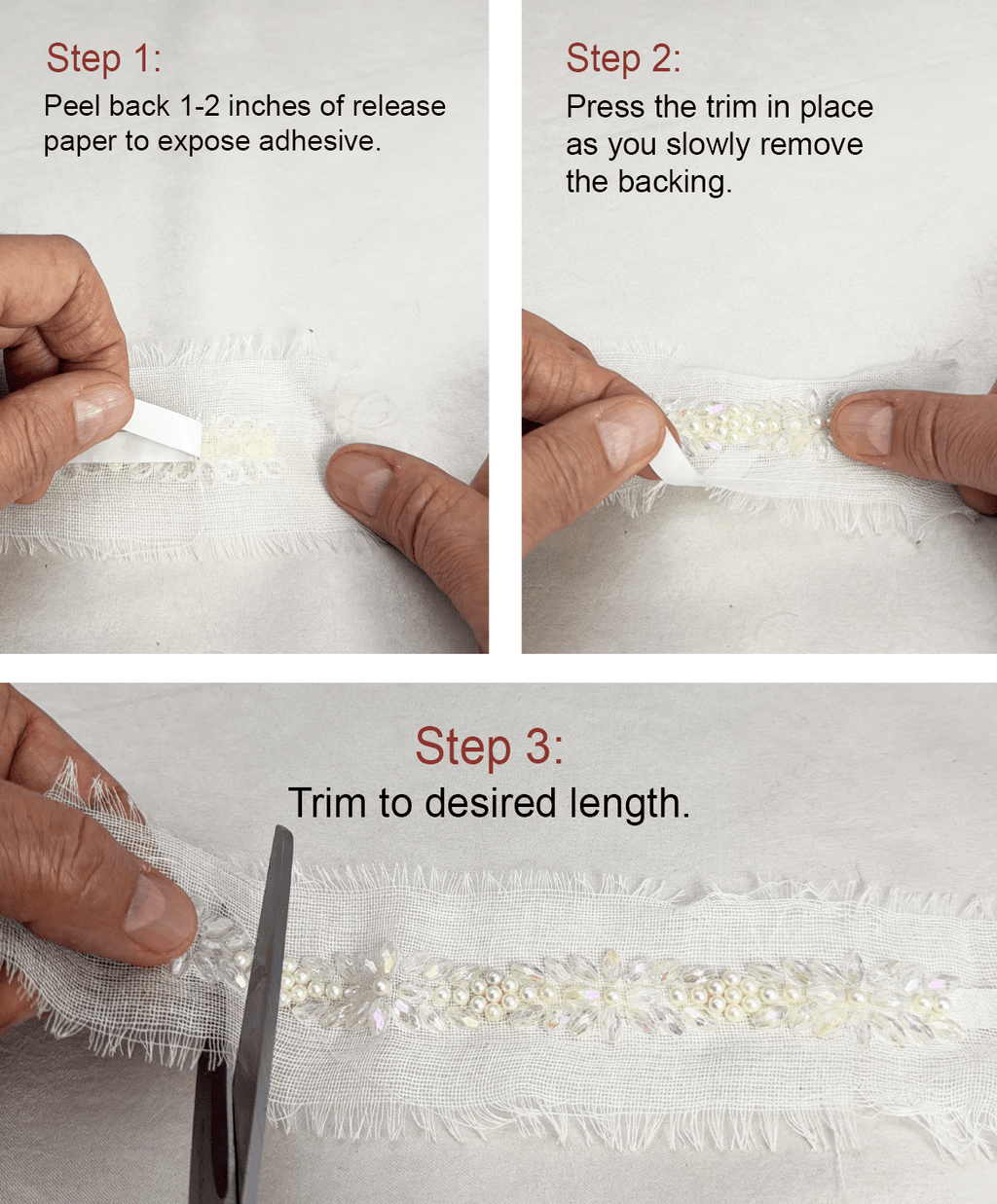 Pearls and Iridescent Crystal Beaded Lace Trim on light gauze fabric - Faraj Beading