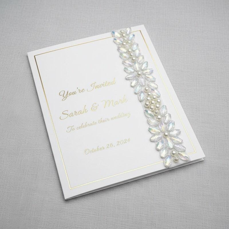 Pearls and Iridescent Crystal Beaded Lace Trim on light gauze fabric - Faraj Beading