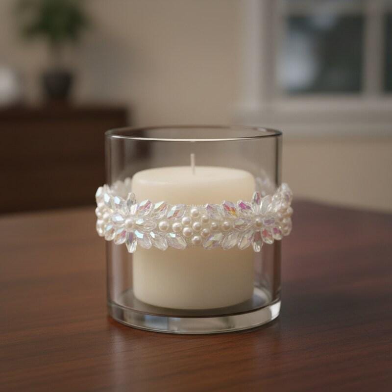 Pearls and Iridescent Crystal Beaded Lace Trim on light gauze fabric - Faraj Beading