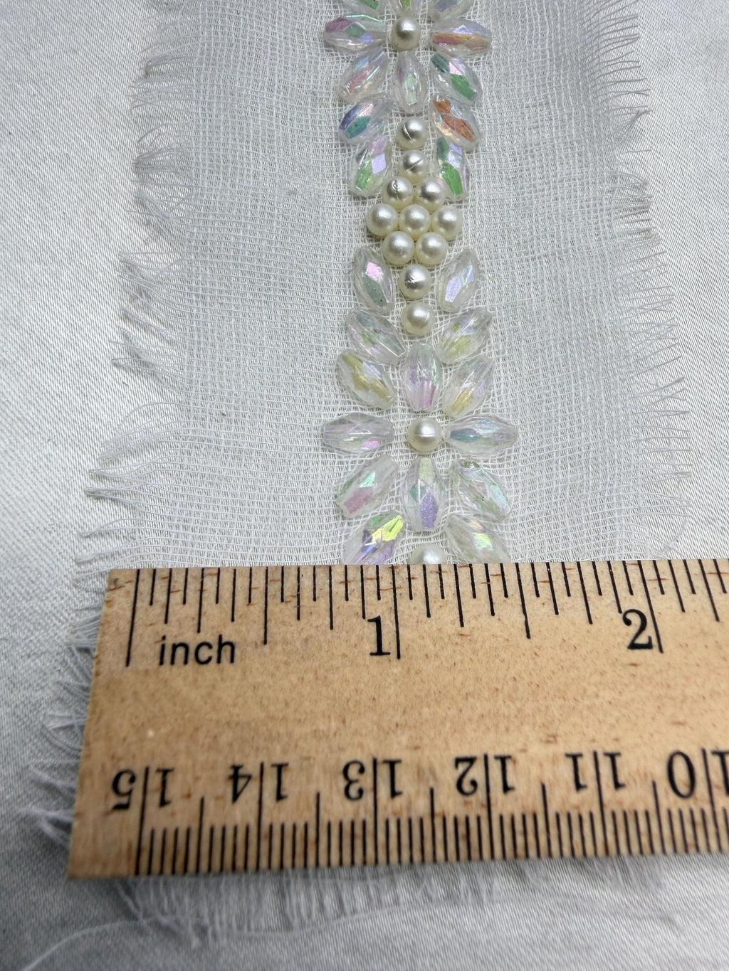 Pearls and Iridescent Crystal Beaded Lace Trim on light gauze fabric - Faraj Beading