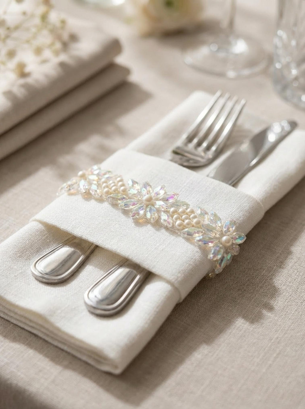 Pearls and Iridescent Crystal Beaded Lace Trim on light gauze fabric - Faraj Beading
