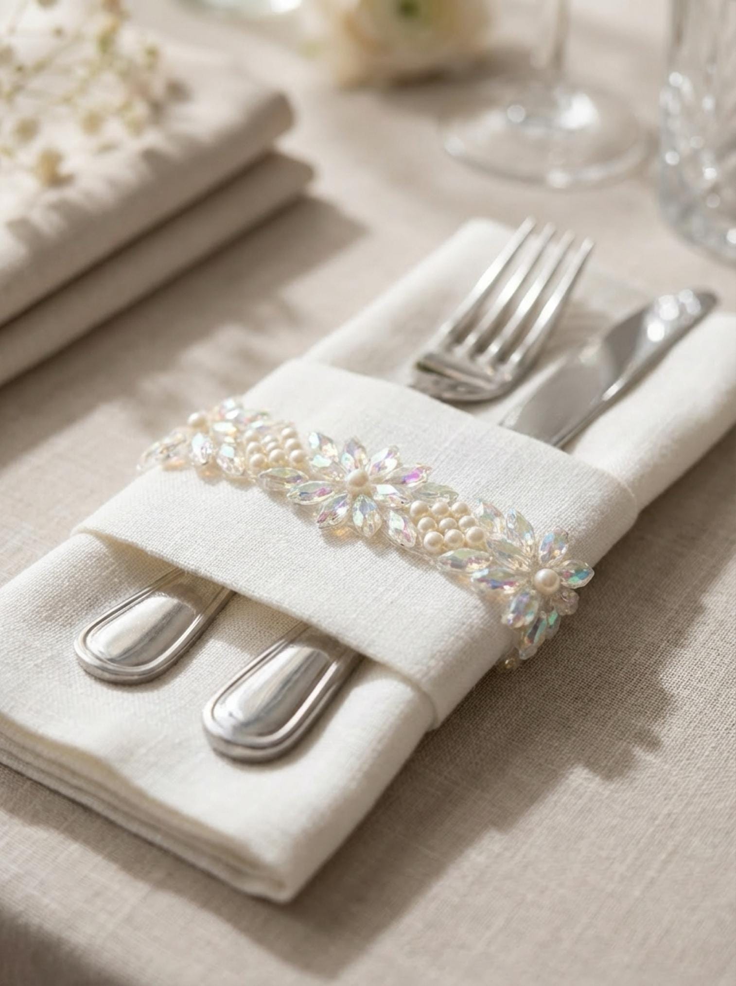 Pearls and Iridescent Crystal Beaded Lace Trim on light gauze fabric - Faraj Beading