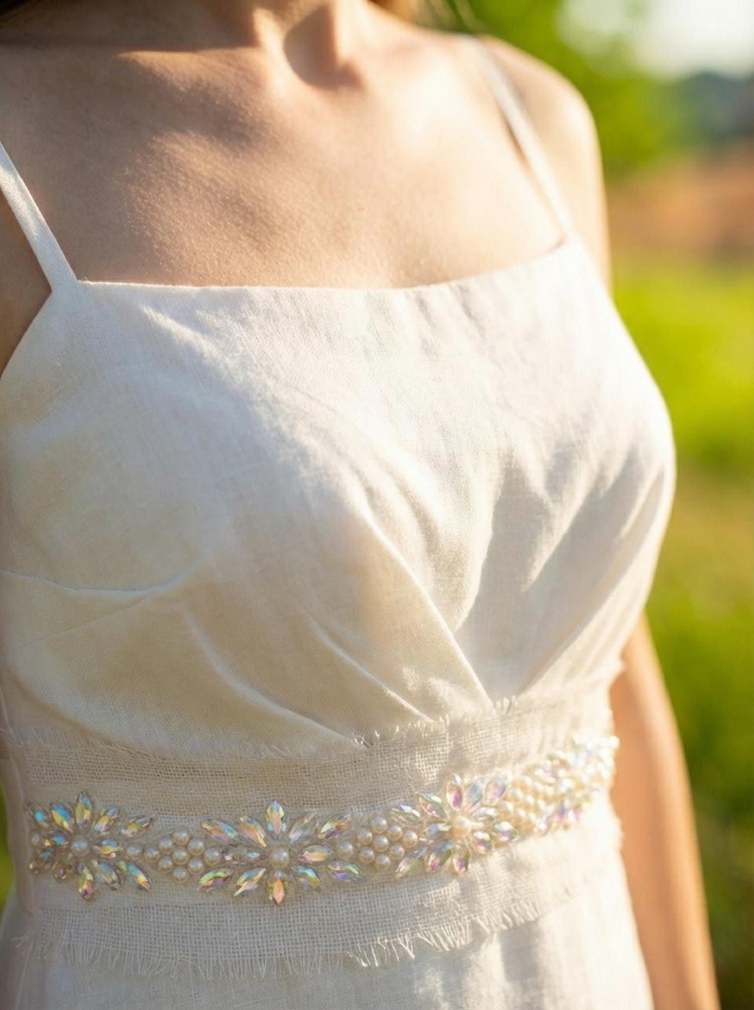 Pearls and Iridescent Crystal Beaded Lace Trim on light gauze fabric - Faraj Beading
