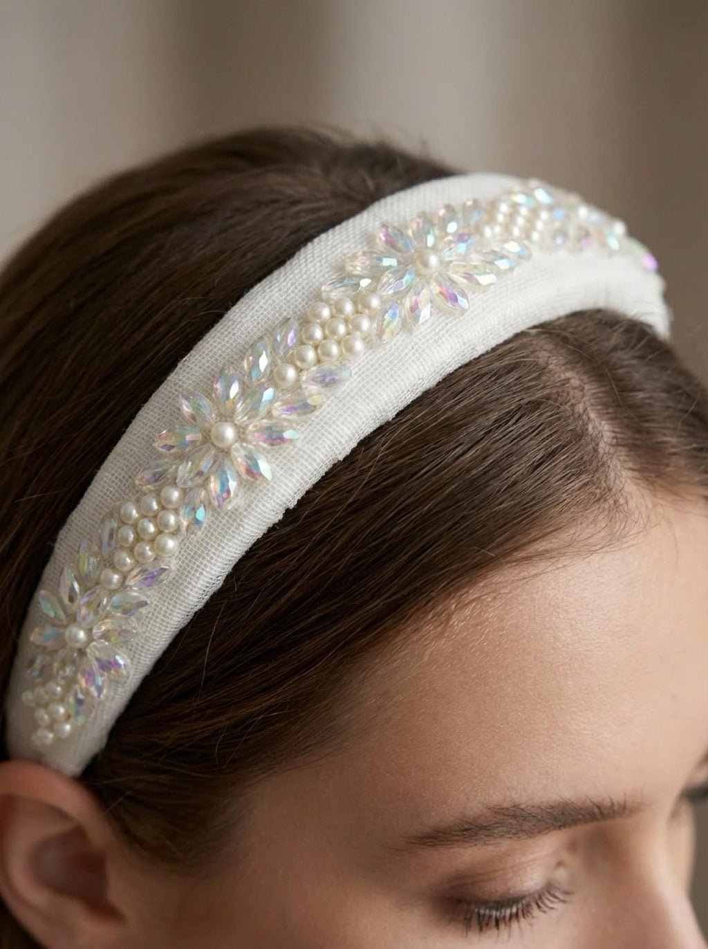 Pearls and Iridescent Crystal Beaded Lace Trim on light gauze fabric - Faraj Beading