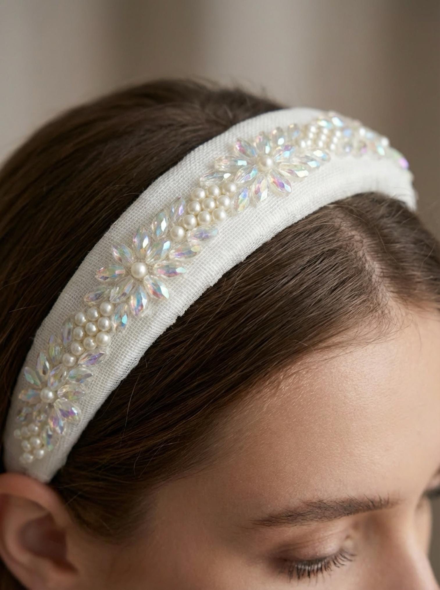 Pearls and Iridescent Crystal Beaded Lace Trim on light gauze fabric - Faraj Beading