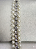 Rhinestone Pearl Beaded Trim by the Yard, Center Crystal Chain Trim with Beaded Edges, Bridal Designer Sewing Trim, Self Adhesive Option