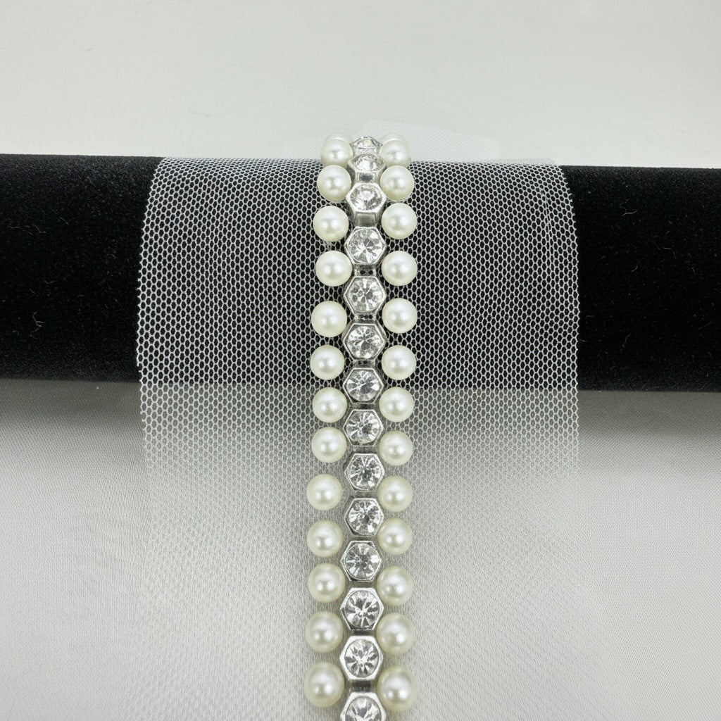 Rhinestone Pearl Beaded Trim by the Yard, Center Crystal Chain Trim with Beaded Edges, Bridal Designer Sewing Trim, Self Adhesive Option