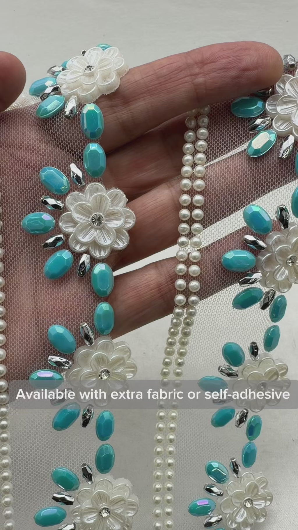 Turquoise Floral Beaded Trim – Pearl Flower Rhinestone Applique – Self Adhesive or Sew-On Seam Allowance – DIY Craft Embellishment